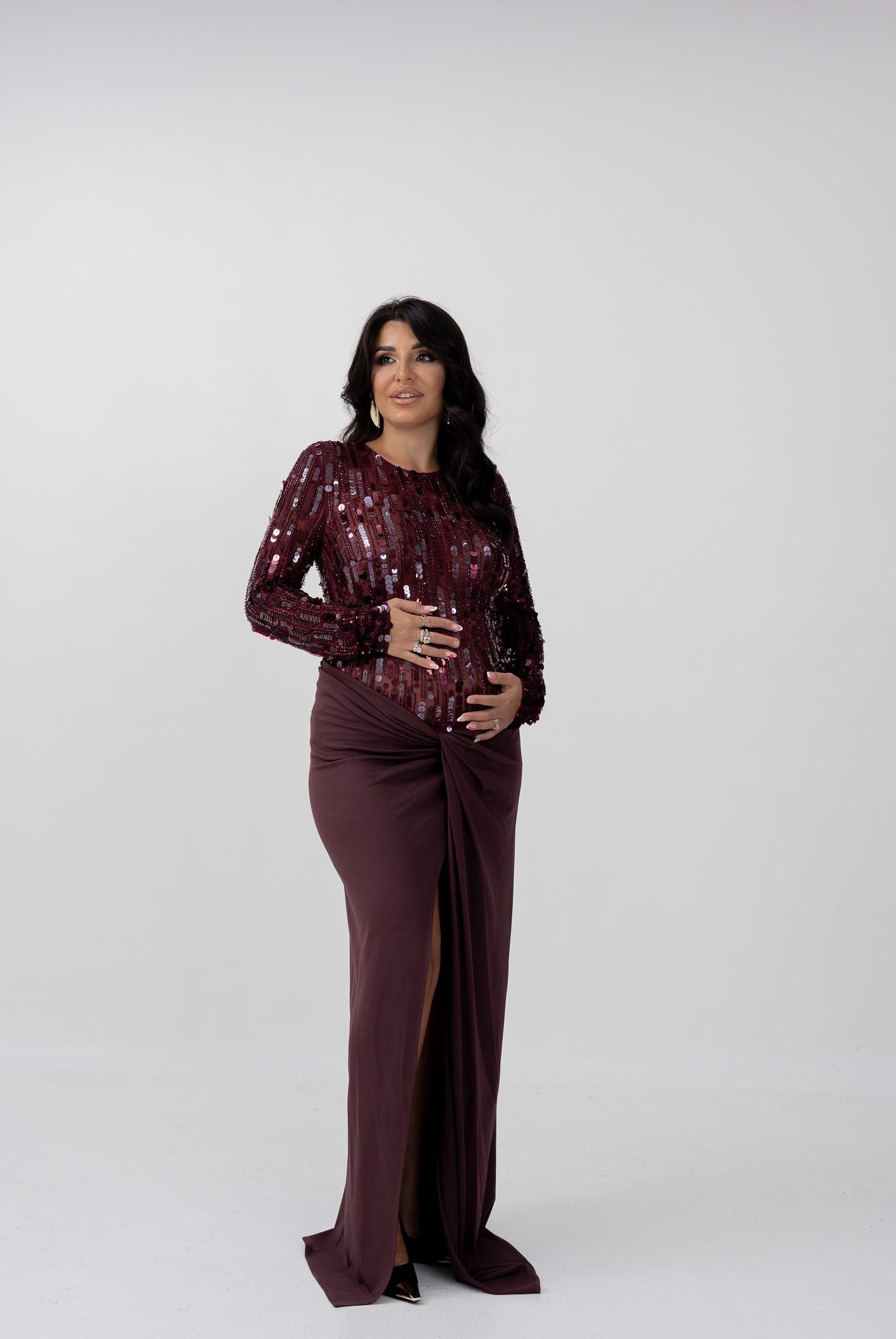 ELISABETTA FRANCHI Abito lungo bordeaux da donna in tulle e jersey con paillettes ABR2057E2 CG3 ELISABETTA FRANCHI