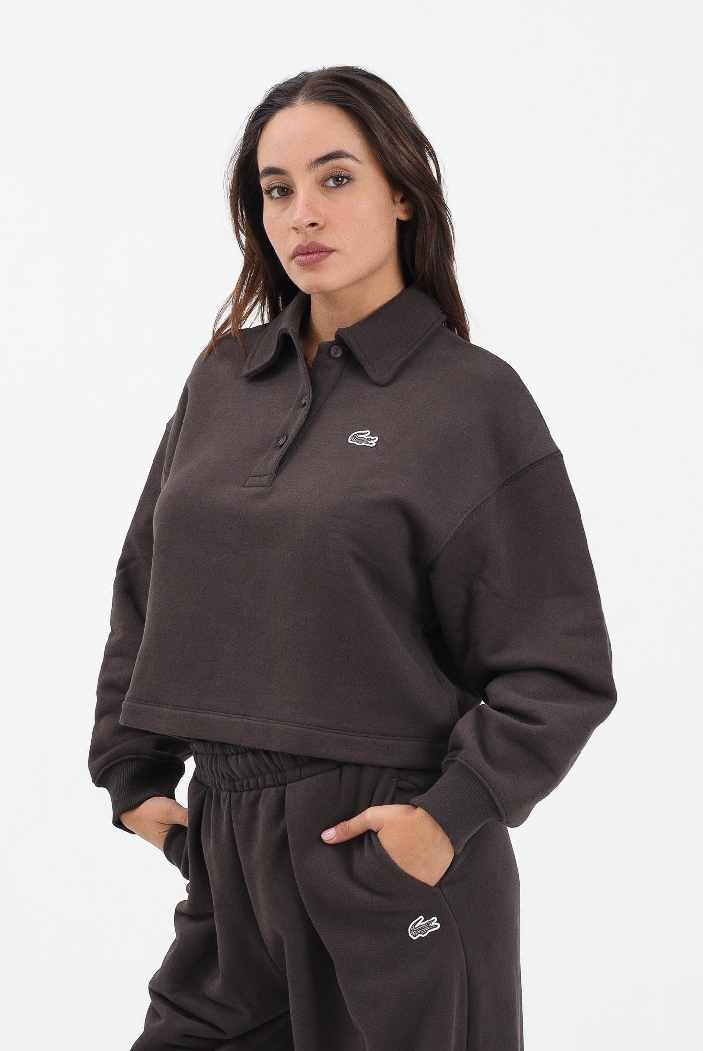 LACOSTE Felpa marrone da donna con collo a polo SF5275 SKB LACOSTE