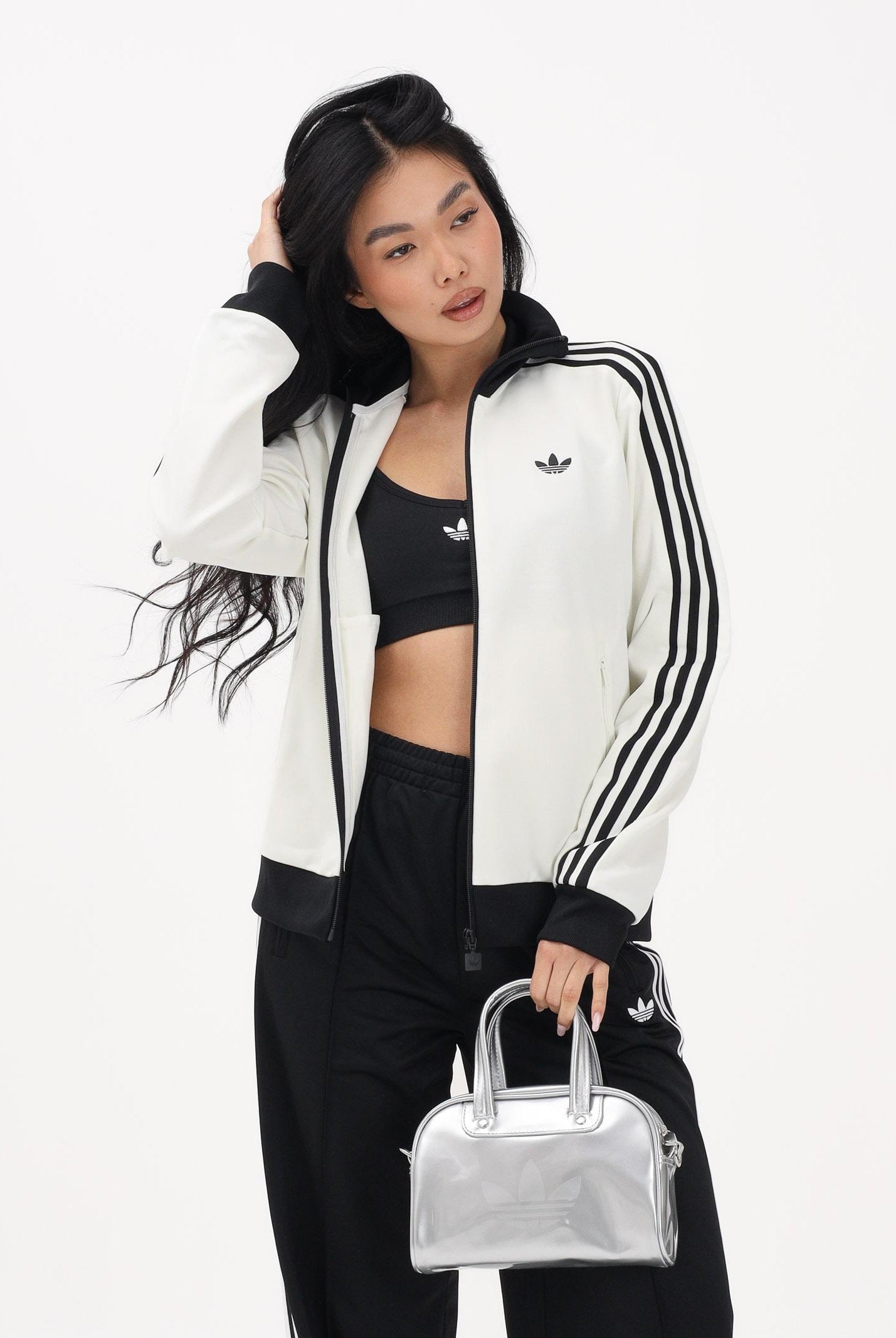 ADIDAS ORIGINALS Felpa con zip 3-Stripes panna e nera da donna KD3740 . ADIDAS ORIGINALS