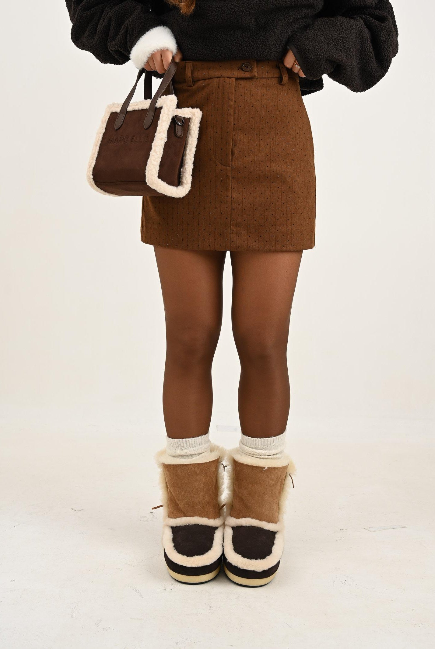 VICOLO Gonna corta cammello da donna con motivo gessato e strass TF0111 FFCU VICOLO