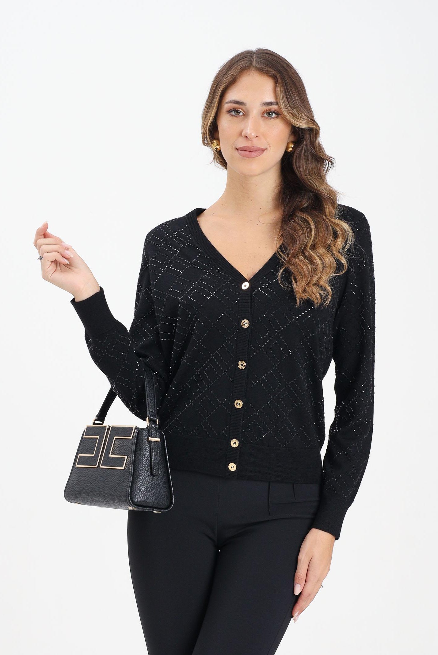 ELISABETTA FRANCHI Cardigan nero da donna con cristalli<BR/> MK26B56E2 188 ELISABETTA FRANCHI