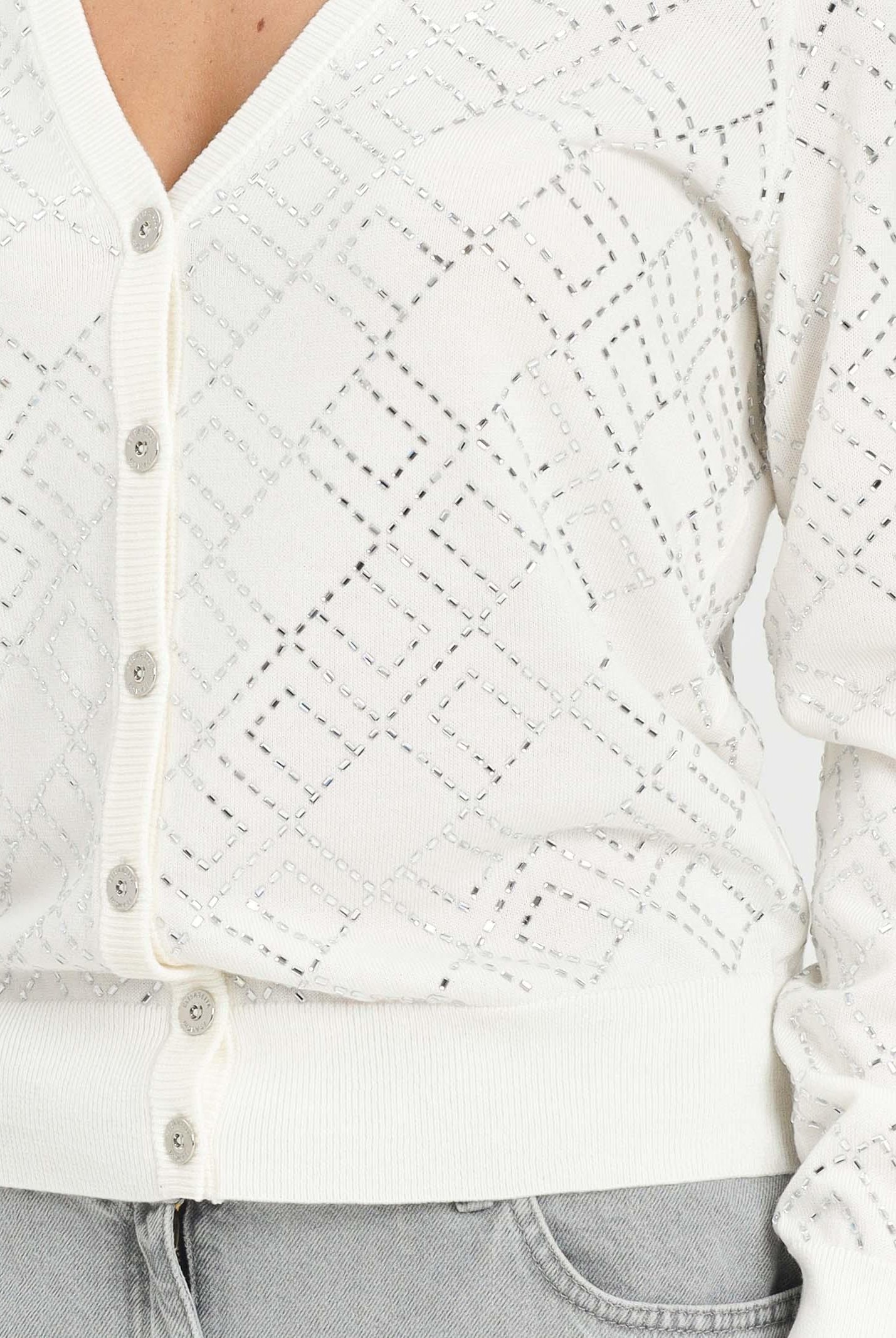 ELISABETTA FRANCHI Cardigan bianco latte da donna con cristalli<BR/> MK26B56E2 EH9 ELISABETTA FRANCHI