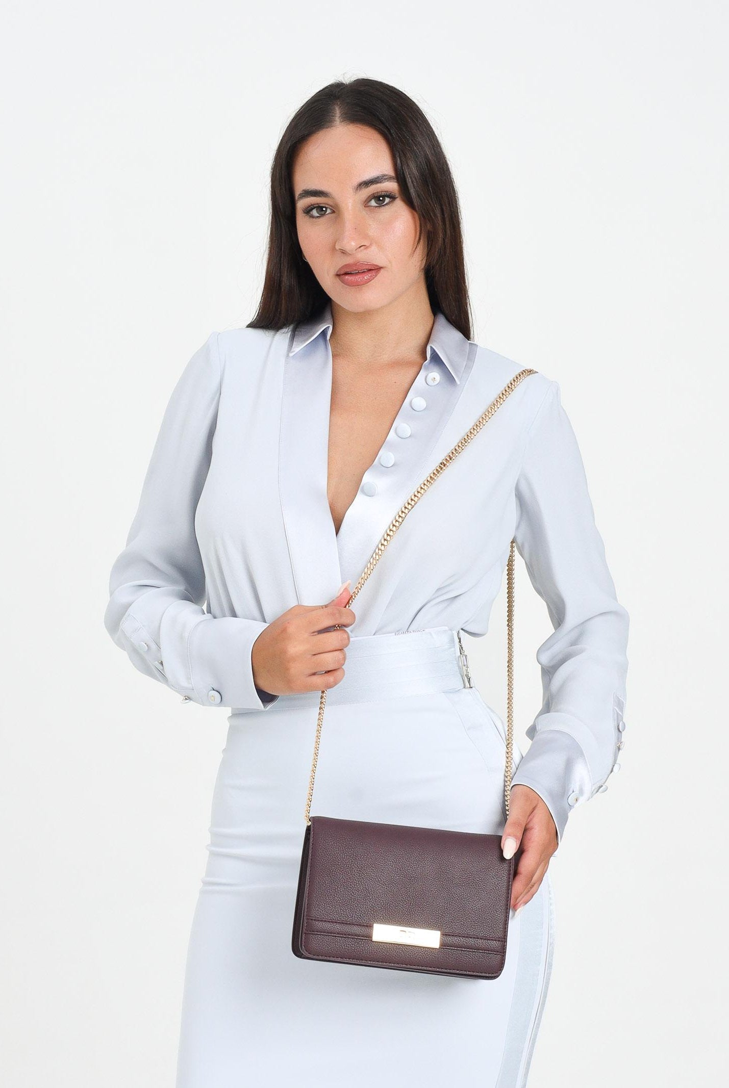 ELISABETTA FRANCHI Body a manica lunga celeste da donna in georgette di viscosa e  raso CB00356E2 EA7 ELISABETTA FRANCHI