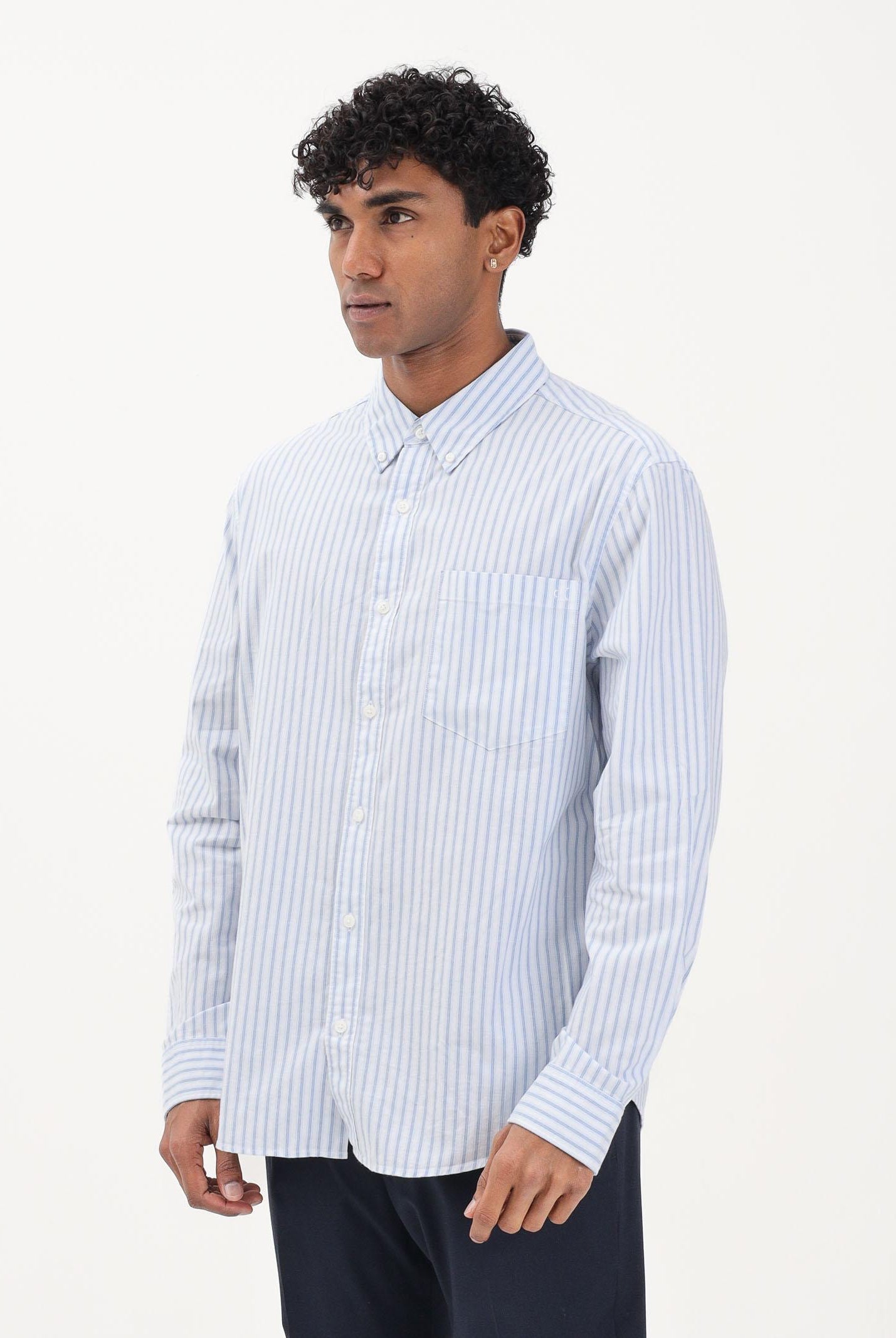 CALVIN KLEIN JEANS Camicia a manica lunga bianca da uomo con fantasia a righe sottili azzurre LV04RF100G C32 CALVIN KLEIN JEANS