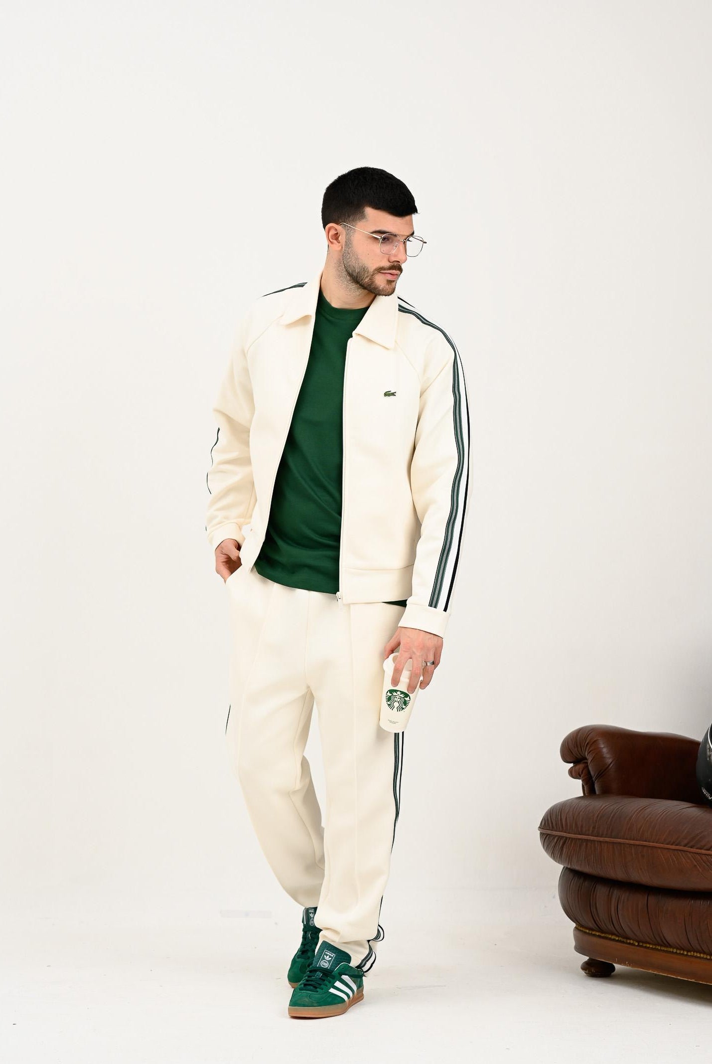 LACOSTE Felpa con zip panna da uomo caratterizzato da bande a contrasto e logo SH5927 XFJ LACOSTE