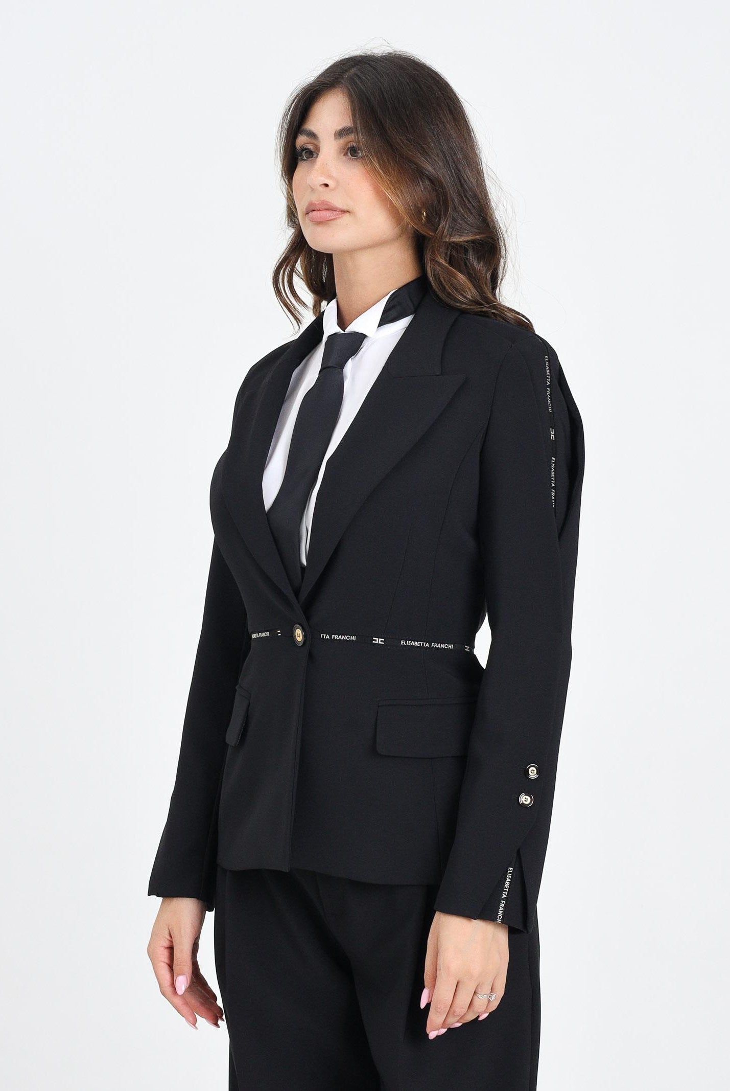 ELISABETTA FRANCHI Giacca monopetto nera da donna con nastro logo<BR/> GI17156E2 110 ELISABETTA FRANCHI