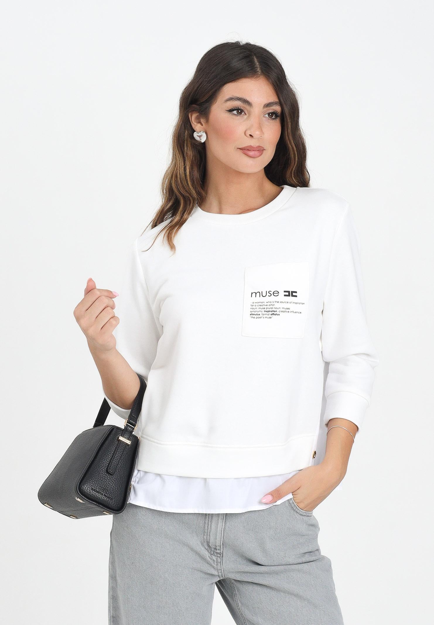 ELISABETTA FRANCHI Felpa girocollo avorio da donna con dettagli in popeline MD00656E2 360 ELISABETTA FRANCHI