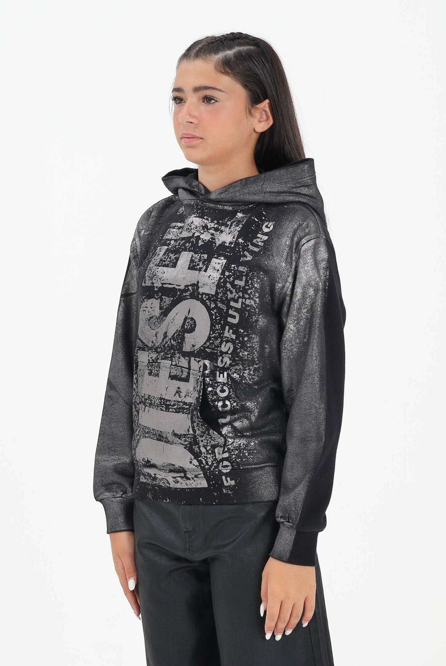 DIESEL Felpa con cappuccio nera per donna, ragazzi e bambini dal look vissuto J02492KYAZU K900 DIESEL