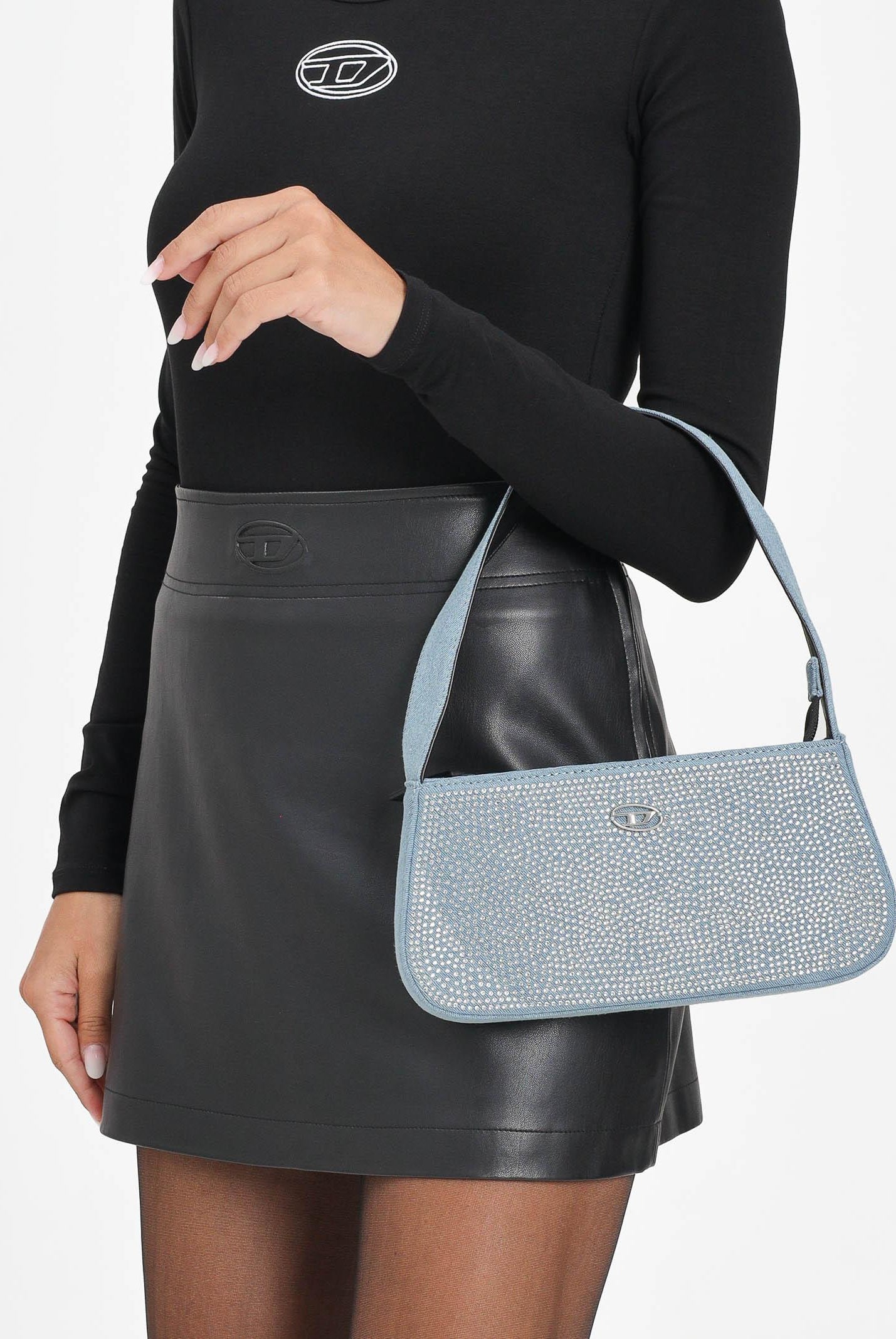 DIESEL Borsa a spalla WJULIE in denim da donna con strass applicati J02530KXBRM K01 DIESEL