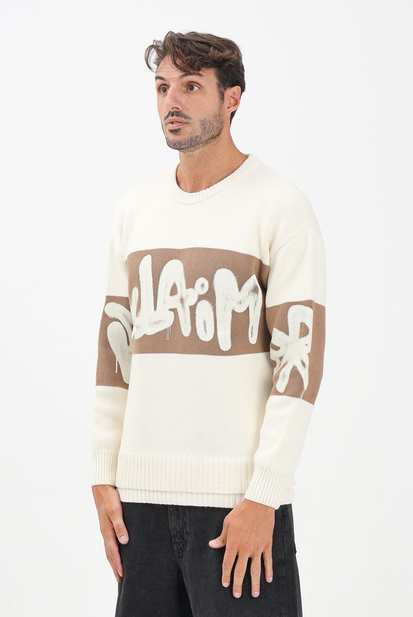 DISCLAIMER Maglioncino girocollo panna da uomo con logo 25IDS55201 LA DISCLAIMER