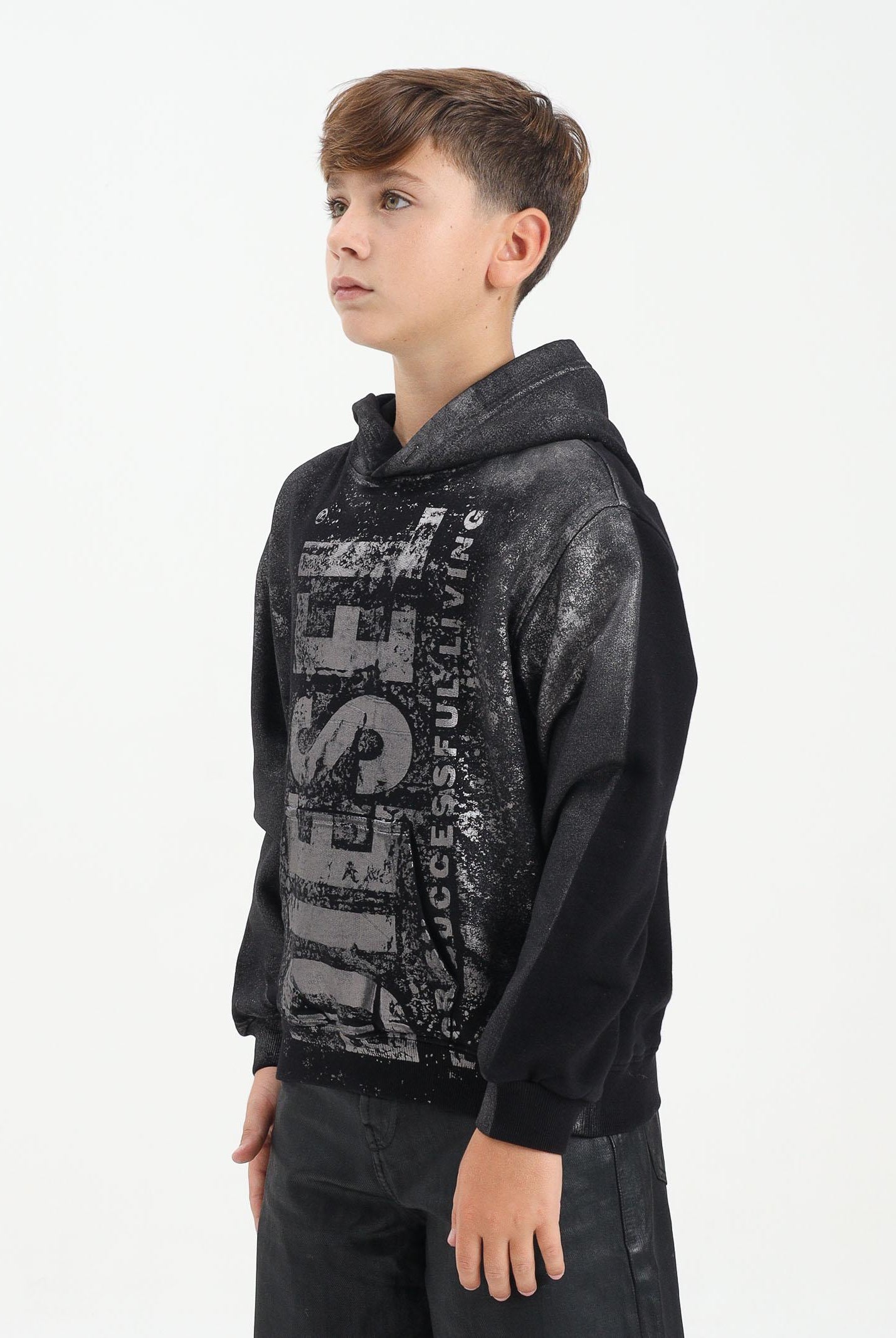 DIESEL Felpa con cappuccio nera per donna, ragazzi e bambini dal look vissuto J02492KYAZU K900 DIESEL