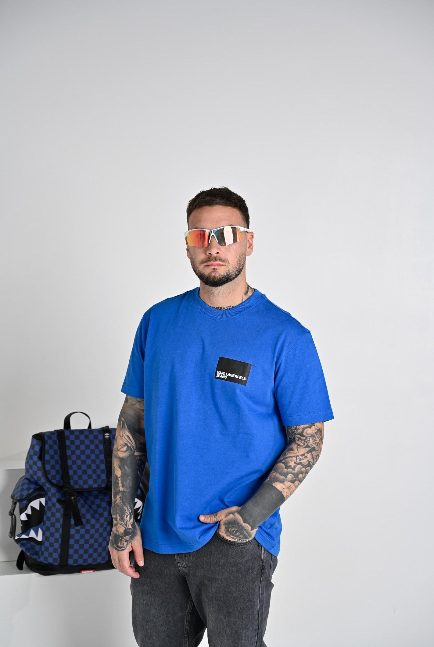 KARL LAGERFELD T-shirt a manica corta blu da uomo con stampa logo KLA1M17001 1AA KARL LAGERFELD