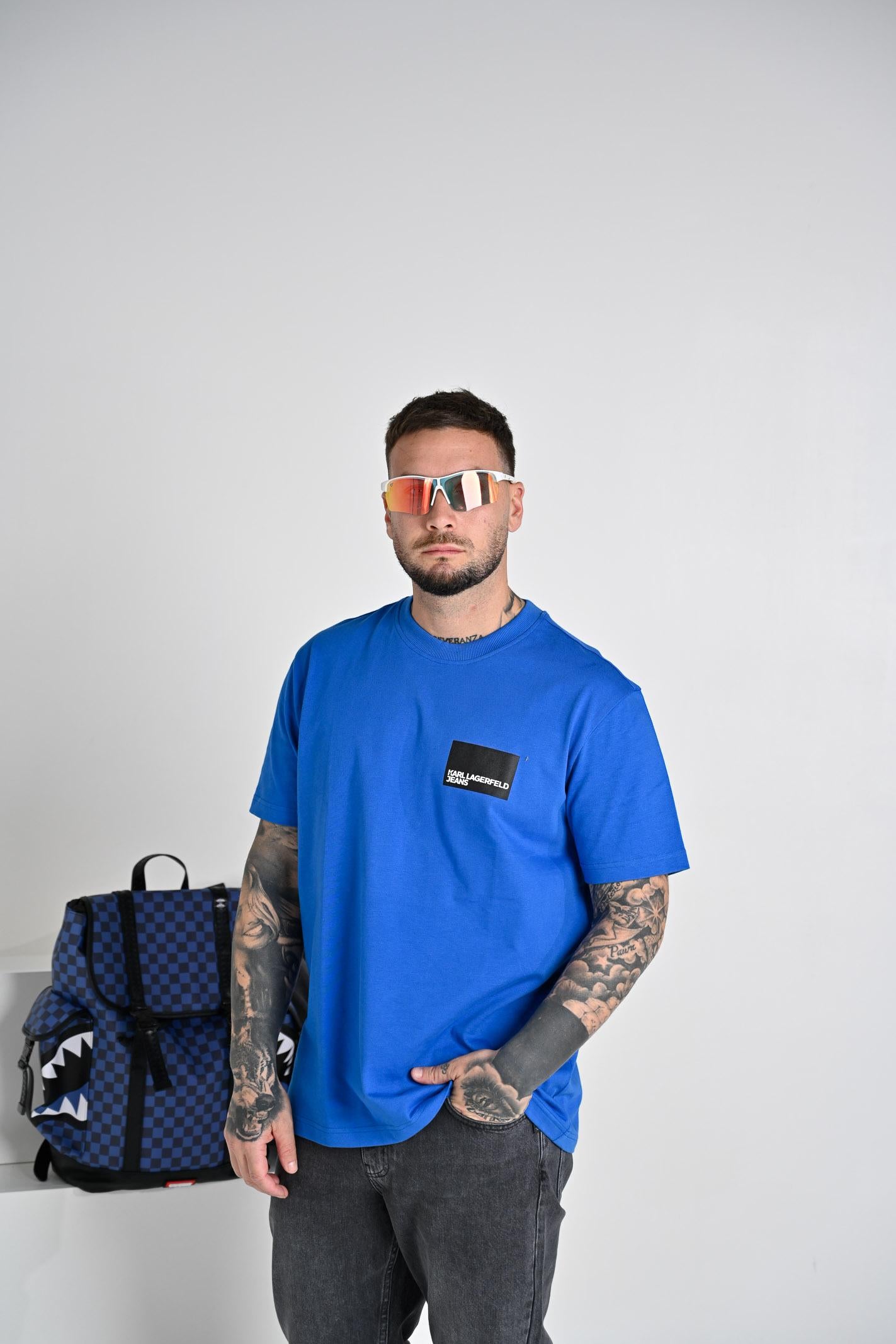 KARL LAGERFELD T-shirt a manica corta blu da uomo con stampa logo KLA1M17001 1AA KARL LAGERFELD