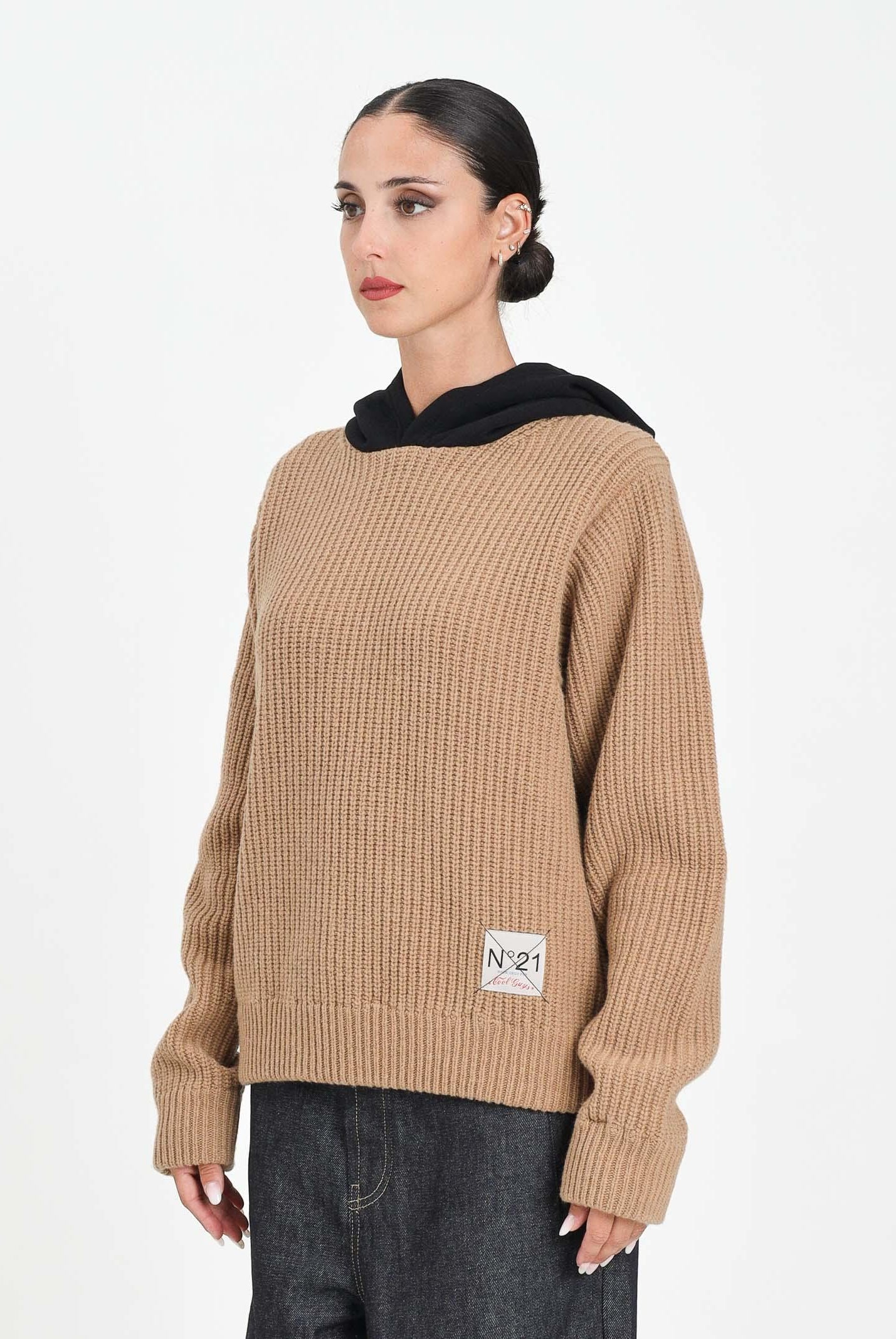 N21 Maglione con cappuccio color cammello e nero per donna, ragazzi e bambini N2108LN0453 0N720 N21