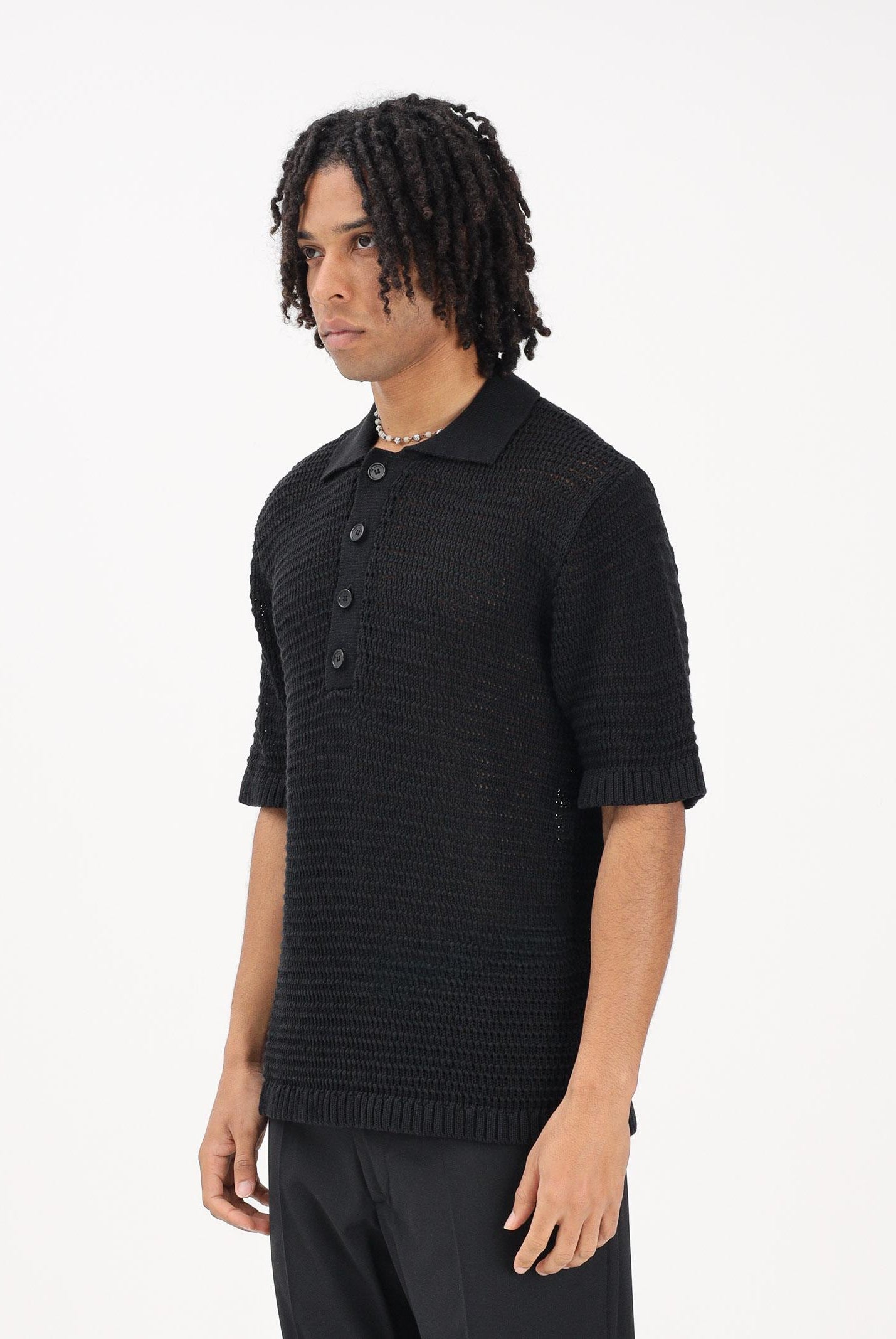 I'M BIRAN Polo nera da uomo in tessuto lavorato a maglia traforata MA3604 009 I'M BRIAN