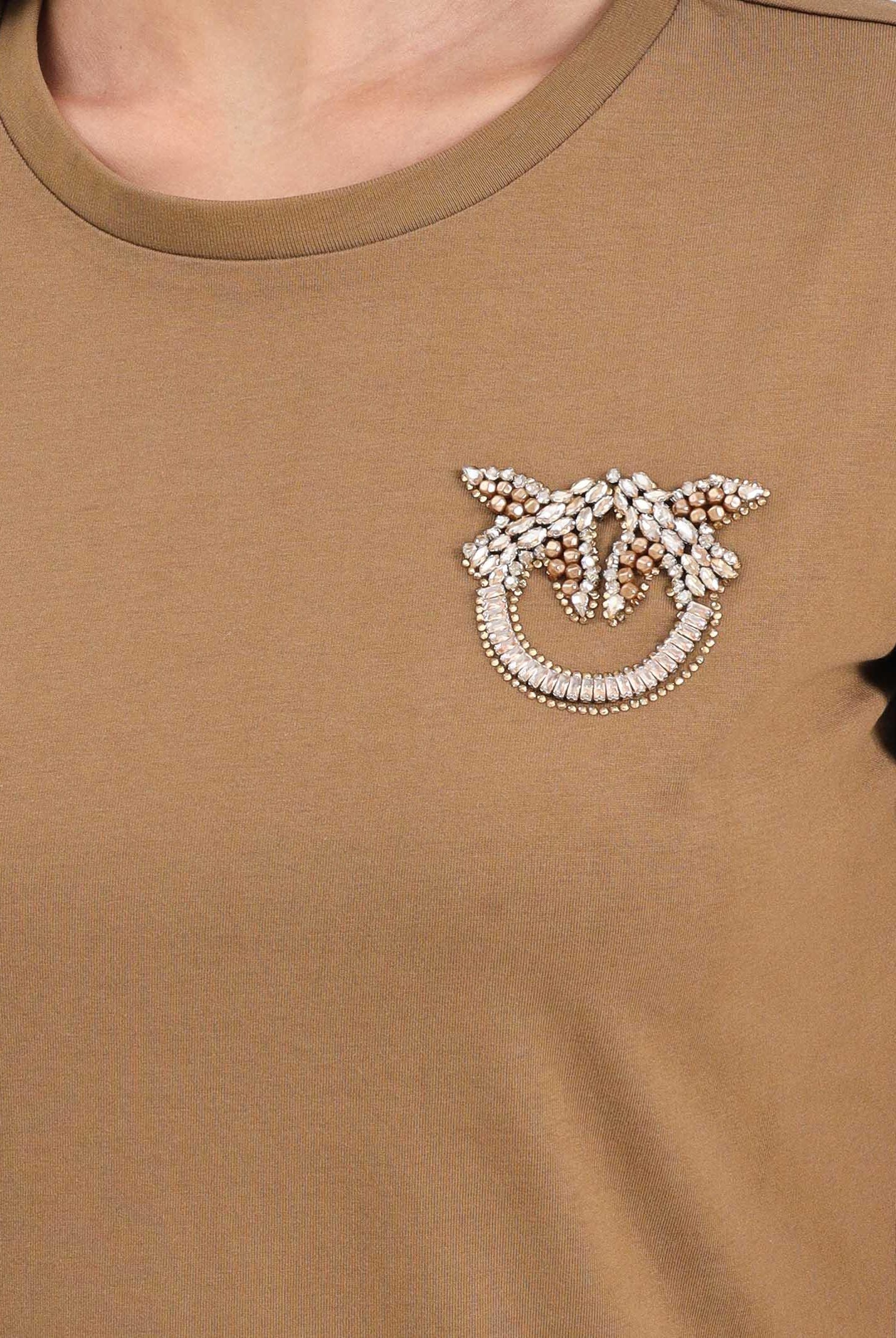 PINKO T-shirt a manica corta marrone da donna con ricamo logo Love Birds in cristalli 103320A2RN M10 PINKO