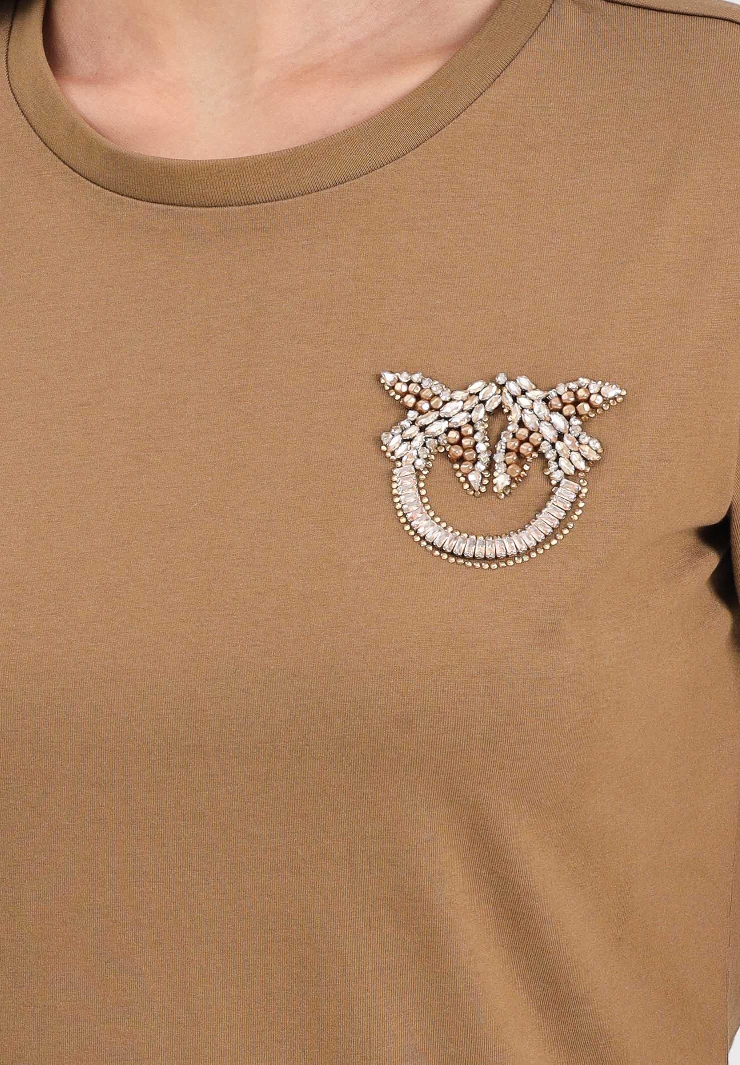 PINKO T-shirt a manica corta marrone da donna con ricamo logo Love Birds in cristalli 103320A2RN M10 PINKO