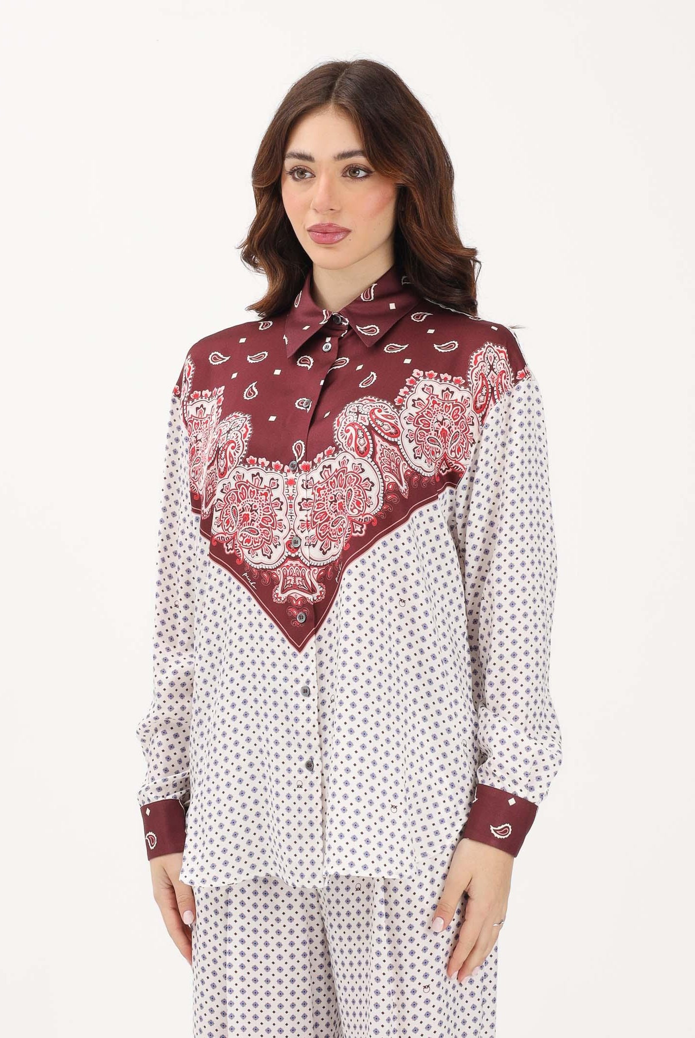 PINKO Camicia a manica lunga bianca e bordeaux da donna con motivo cravatteria e stampa piazzata 106202A31K YR1 PINKO