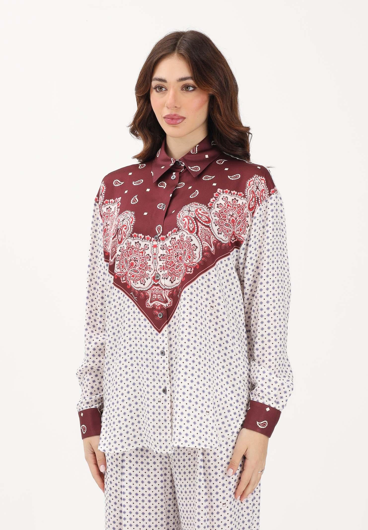 PINKO Camicia a manica lunga bianca e bordeaux da donna con motivo cravatteria e stampa piazzata 106202A31K YR1 PINKO