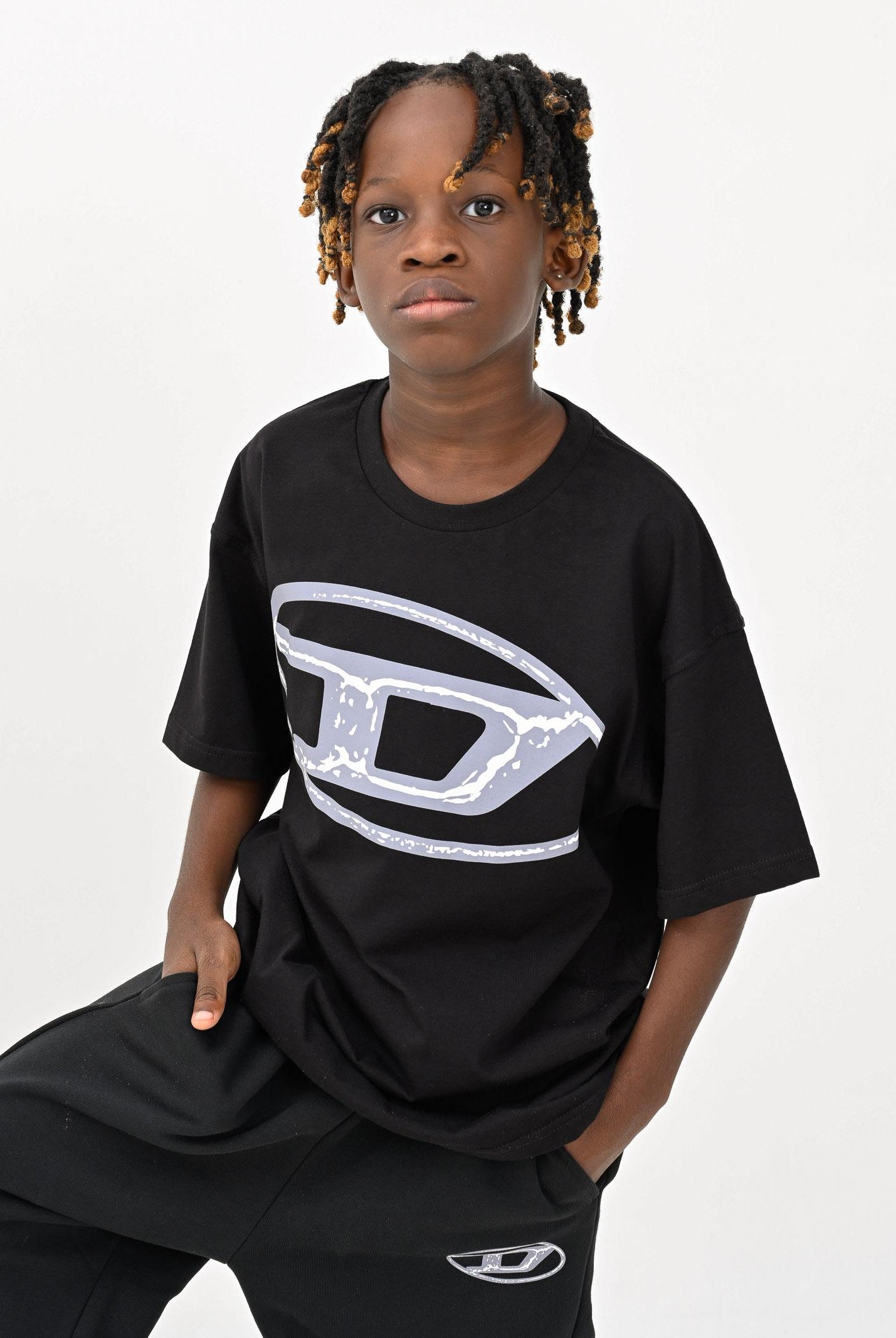 DIESEL T-shirt a manica corta nera per donna, ragazzi e bambini con maxi logo Oval D J02477KYAUN K900 DIESEL