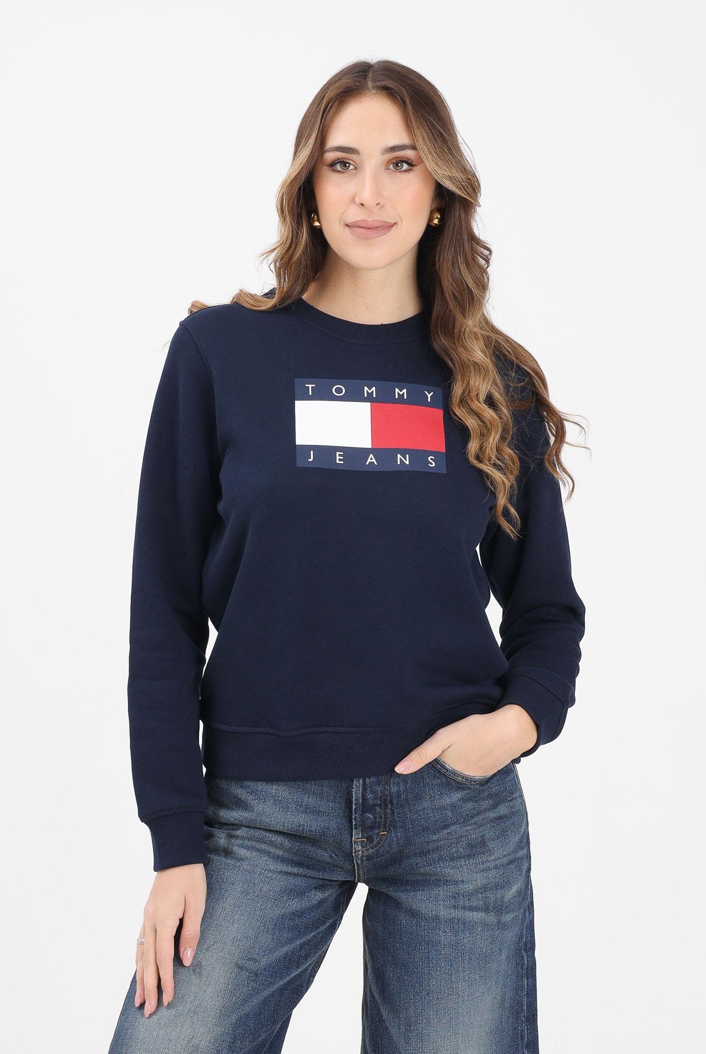 TOMMY JEANS Felpa girocollo blu da donna con stampa logo DW0DW22564C1G . TOMMY JEANS