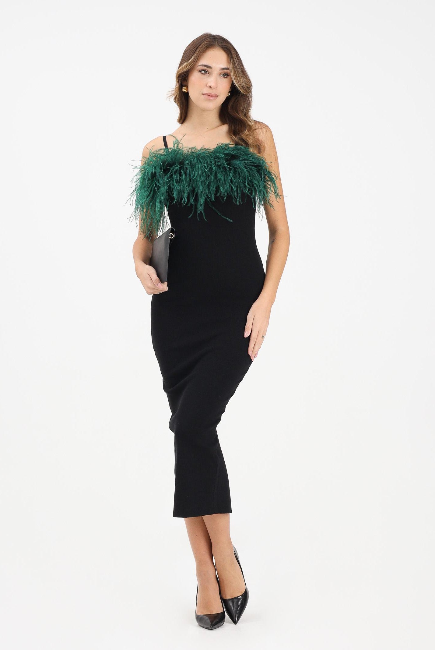 NOELL MAGGINI Abito midi nero da donna con piume verdi 00126083 NEVE NOELL MAGGINI