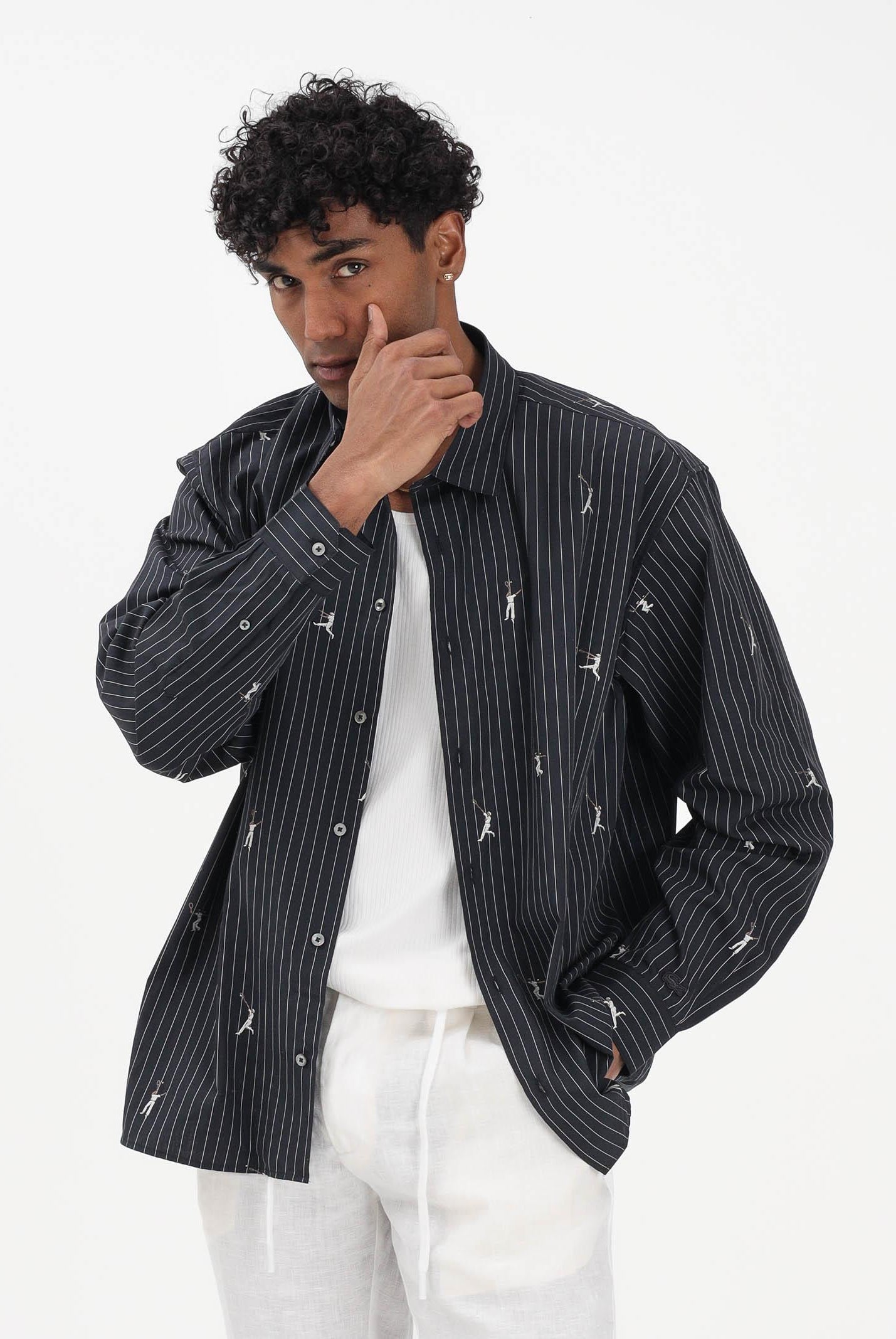 LACOSTE Camicia a manica lunga nera da uomo con fantasia CH2191 350 LACOSTE