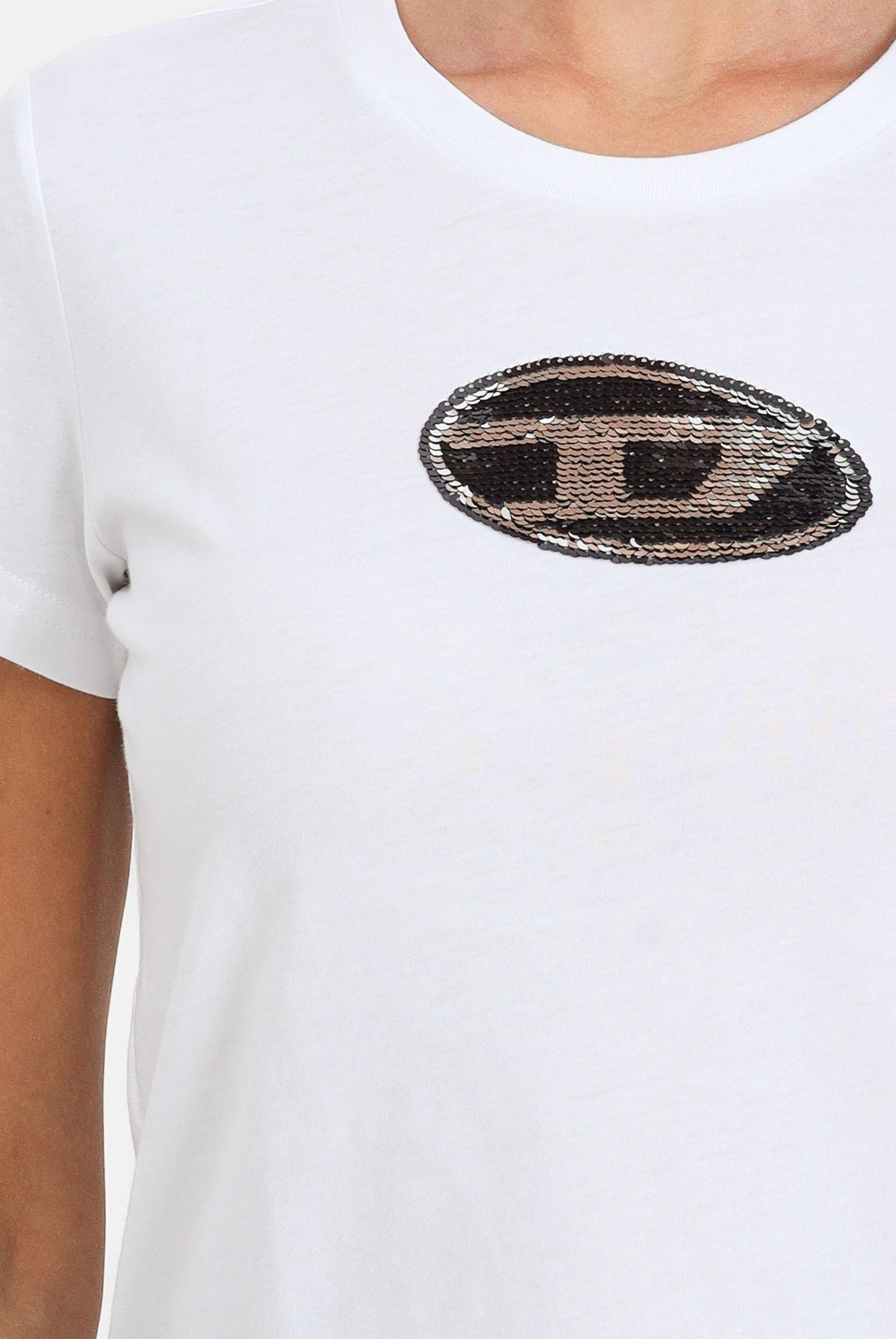 DIESEL T-shirt a manica corta bianca per donna e ragazze con logo in paillettes J02371KYAUN K100 DIESEL