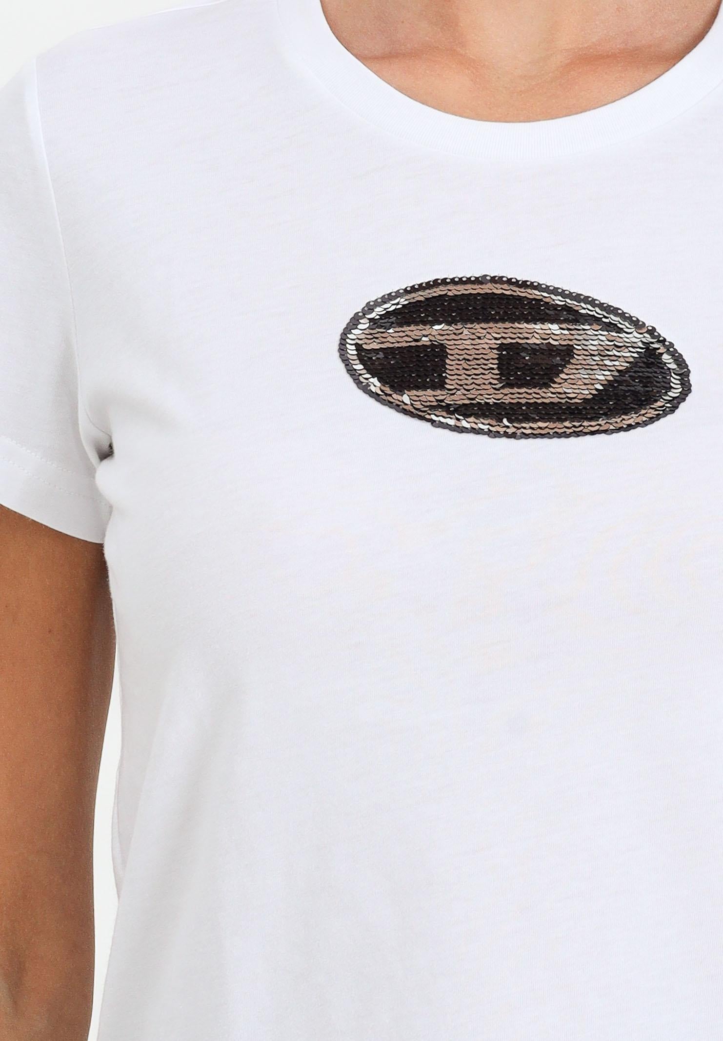 DIESEL T-shirt a manica corta bianca per donna e ragazze con logo in paillettes J02371KYAUN K100 DIESEL