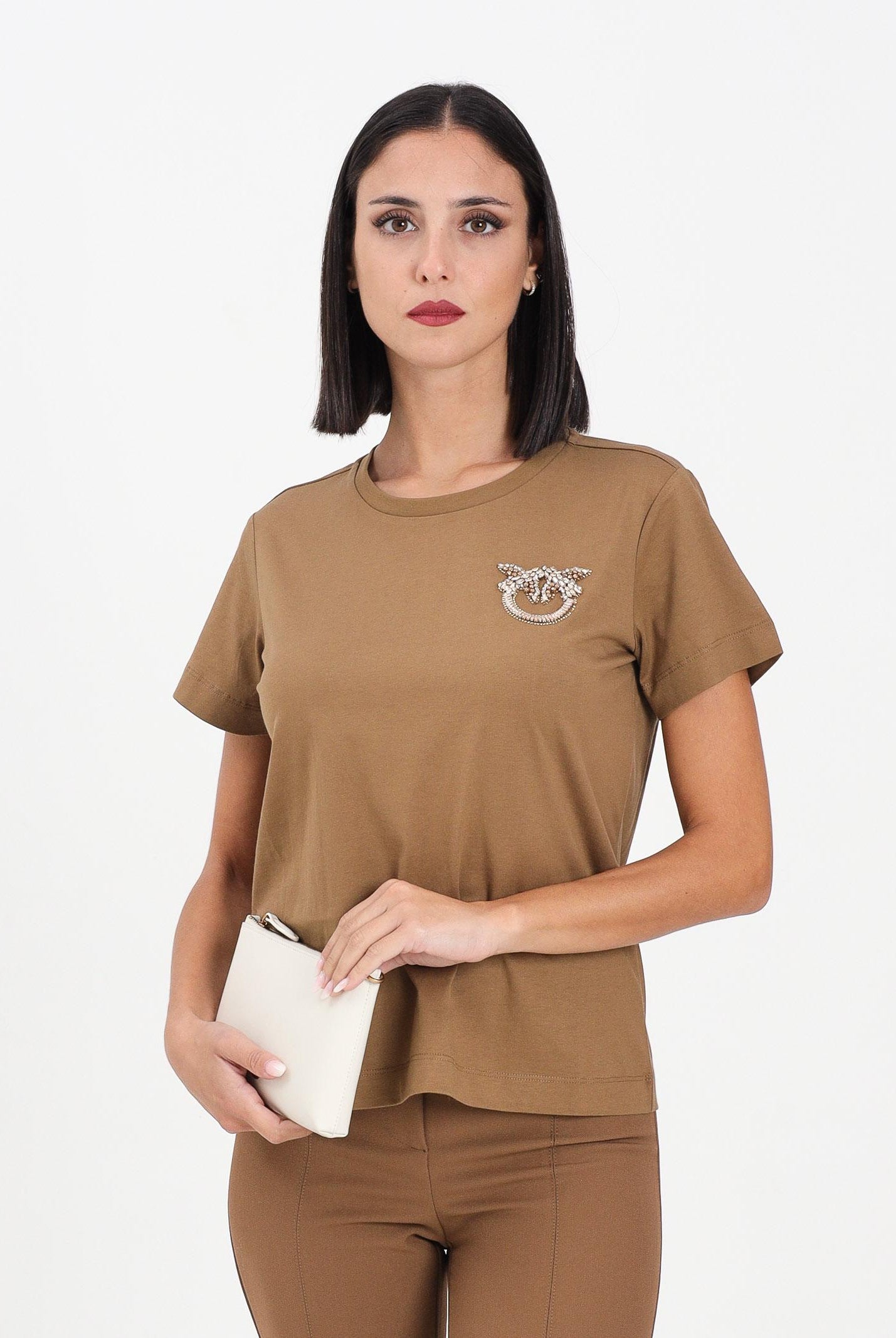PINKO T-shirt a manica corta marrone da donna con ricamo logo Love Birds in cristalli 103320A2RN M10 PINKO