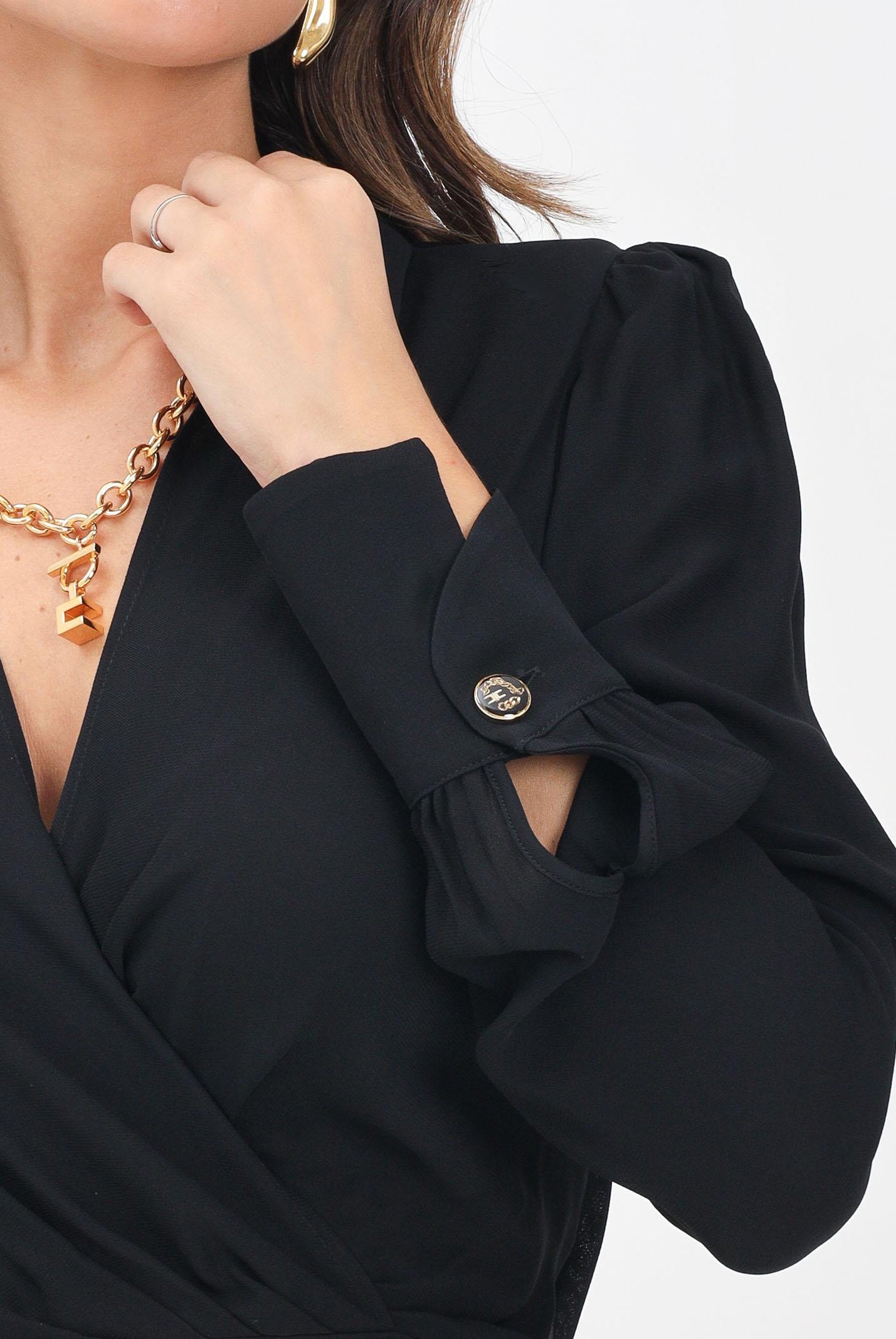 ELISABETTA FRANCHI Blusa cropped nera da donna con dettaglio gioiello CAT0256E2 110 ELISABETTA FRANCHI