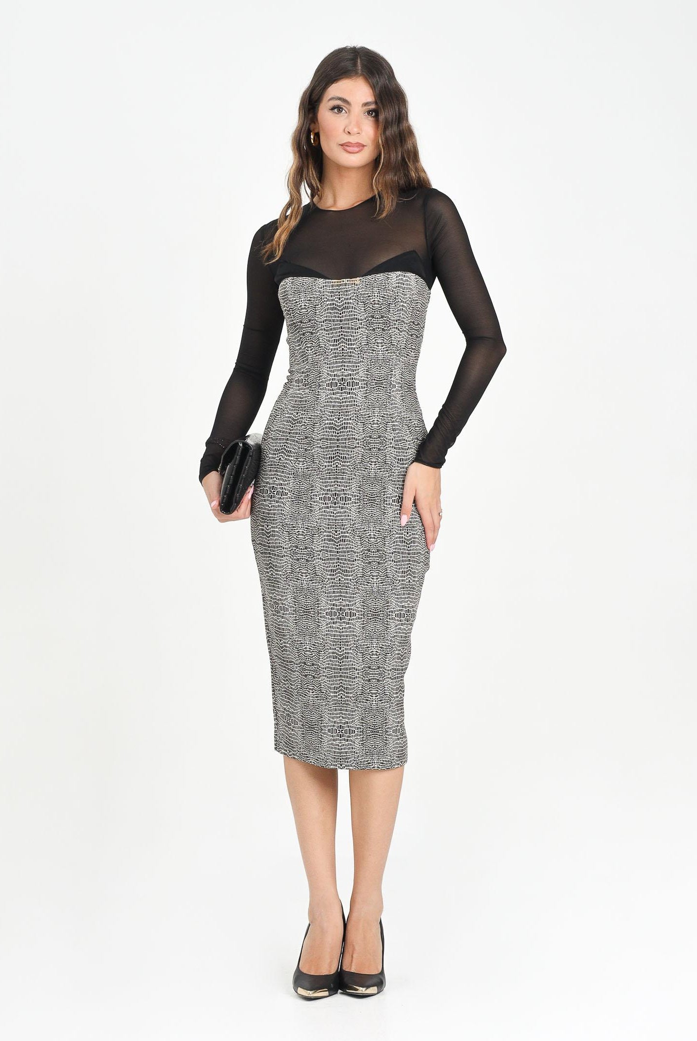 ELISABETTA FRANCHI Abito midi nero da donna con fantasia pitonata AB87657E2 110 ELISABETTA FRANCHI