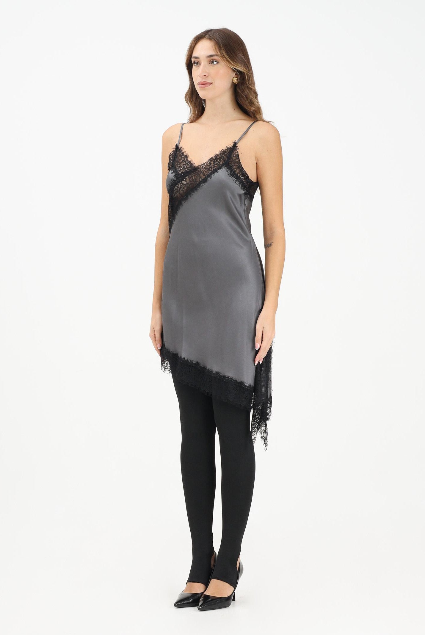 VICOLO Abito corto grigio da donna con inserti in pizzo nero TF0255 GR VICOLO