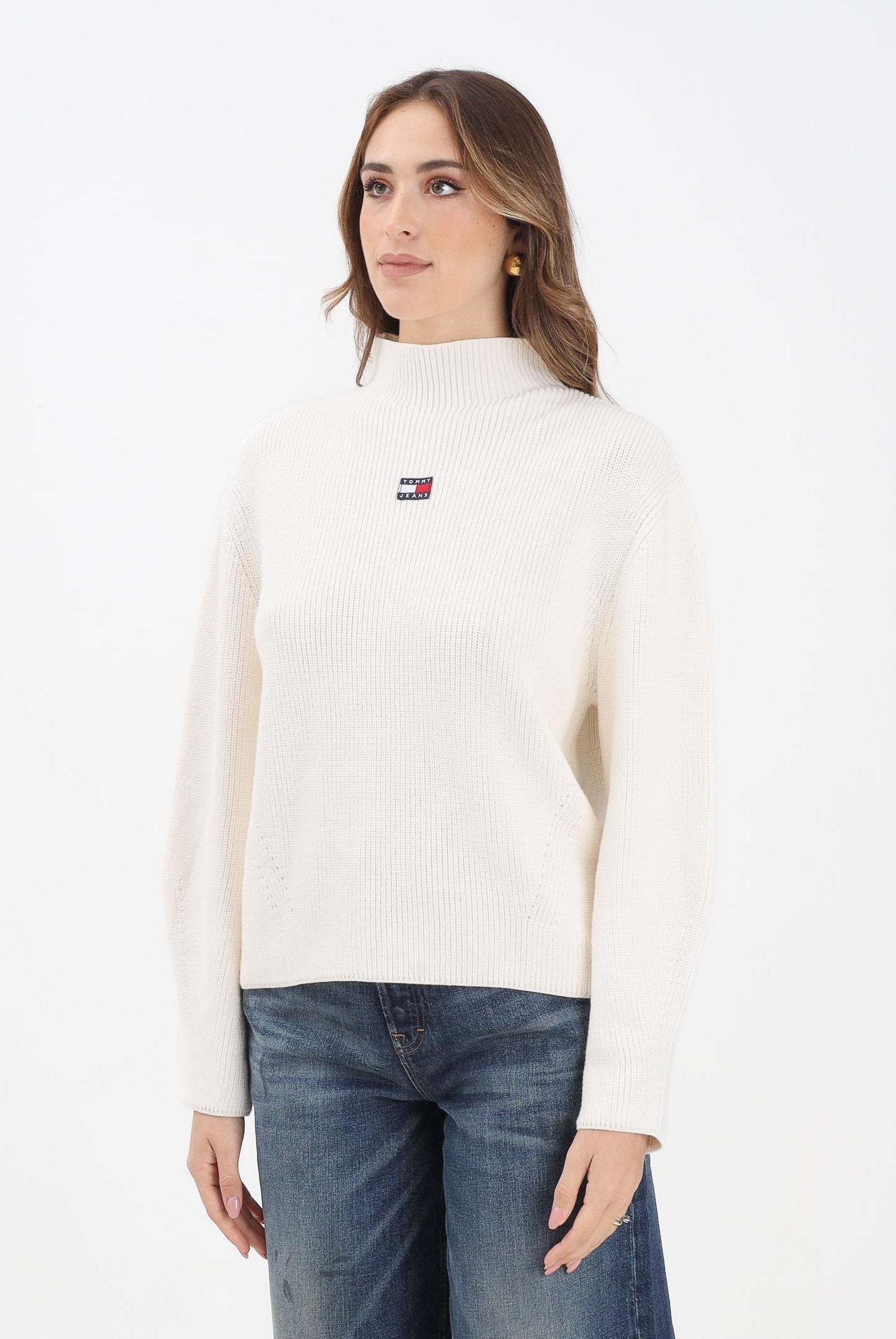 TOMMY JEANS Maglioncino a collo alto panna da donna con logo DW0DW21676YBH TOMMY JEANS