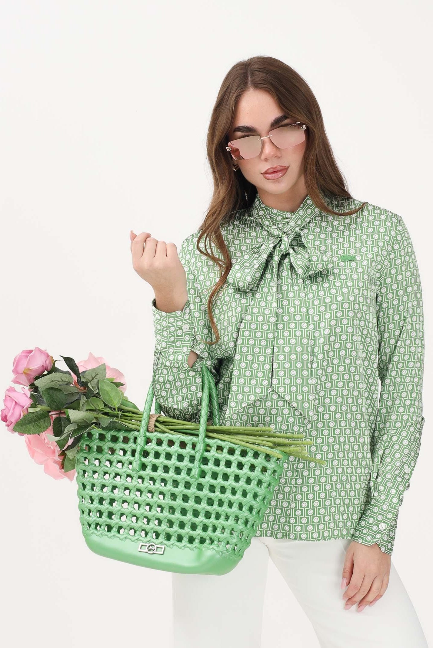 LACOSTE Camicia a manica lunga bianca e verde da donna con collo annodato staccabile CF2626 4SI LACOSTE