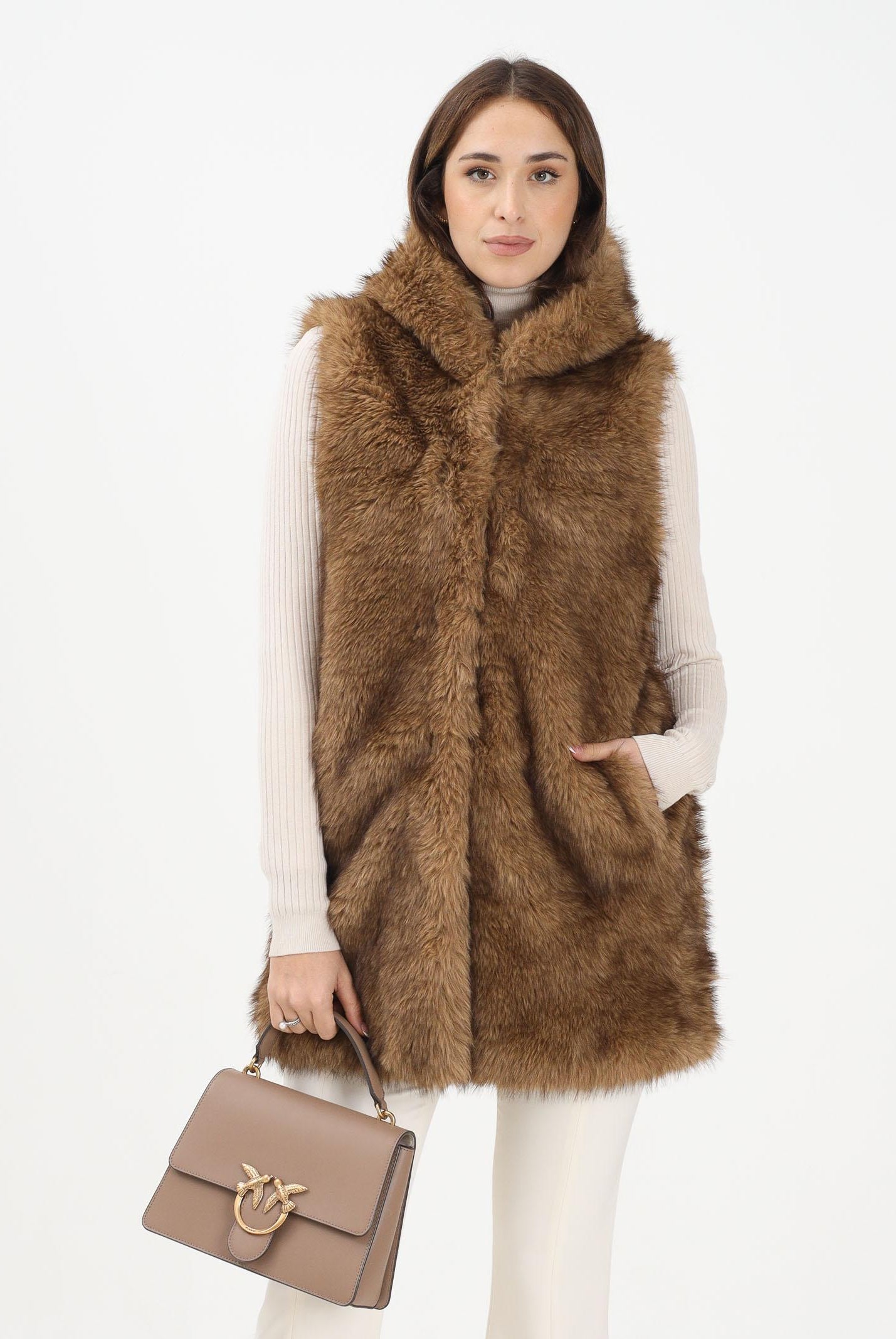 MEHRAN Pelliccia smanicata beige da donna con cappuccio 25296BIS BIS MEHRAN