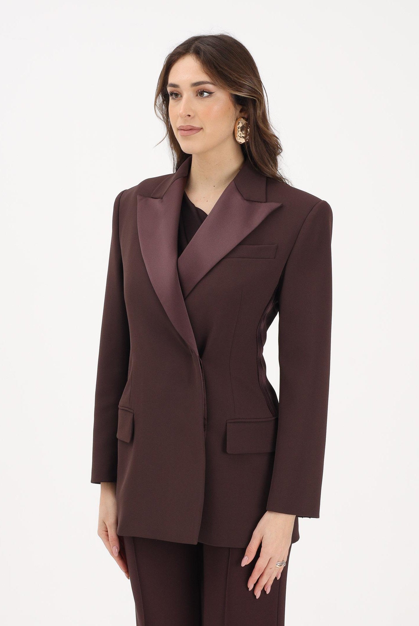 ELISABETTA FRANCHI Giacca doppiopetto cacao da donna in crêpe leggero e raso GI24163E2 644 ELISABETTA FRANCHI