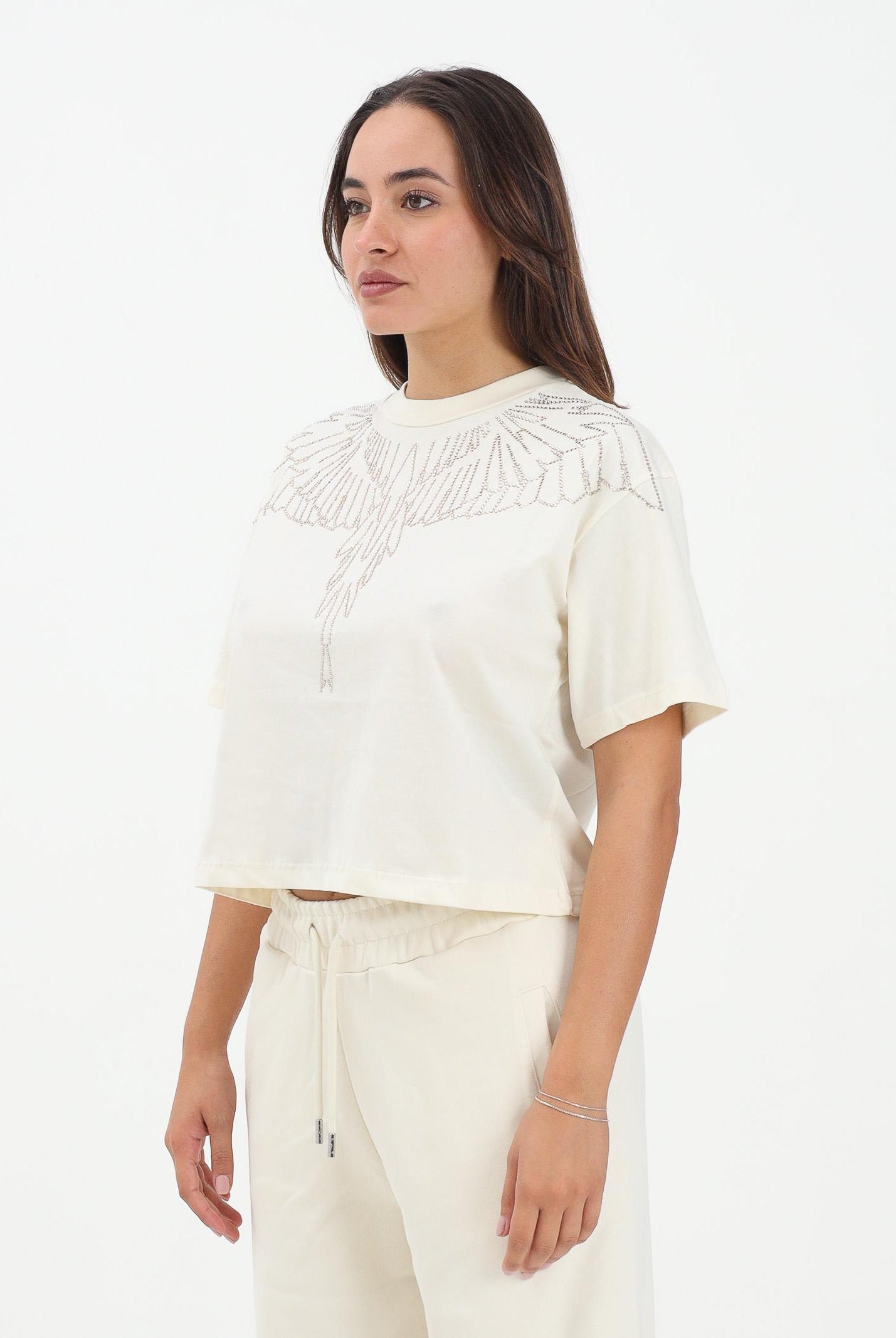 MARCELO BURLON COUNTY OF MILAN T-shirt a manica corta panna da donna con strass 25ICM30016 LA MARCELO BURLON COUNTY OF MILAN