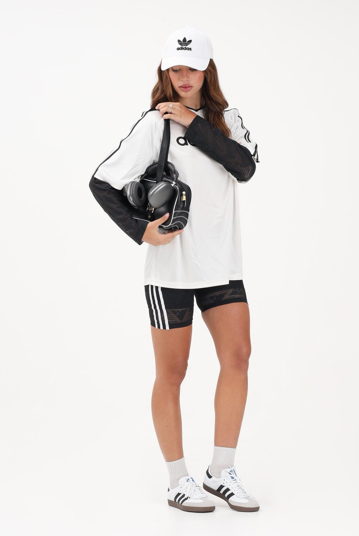 ADIDAS ORIGINALS T-shirt a manica lunga LACE bianca e nera da donna KC8140 . ADIDAS ORIGINALS