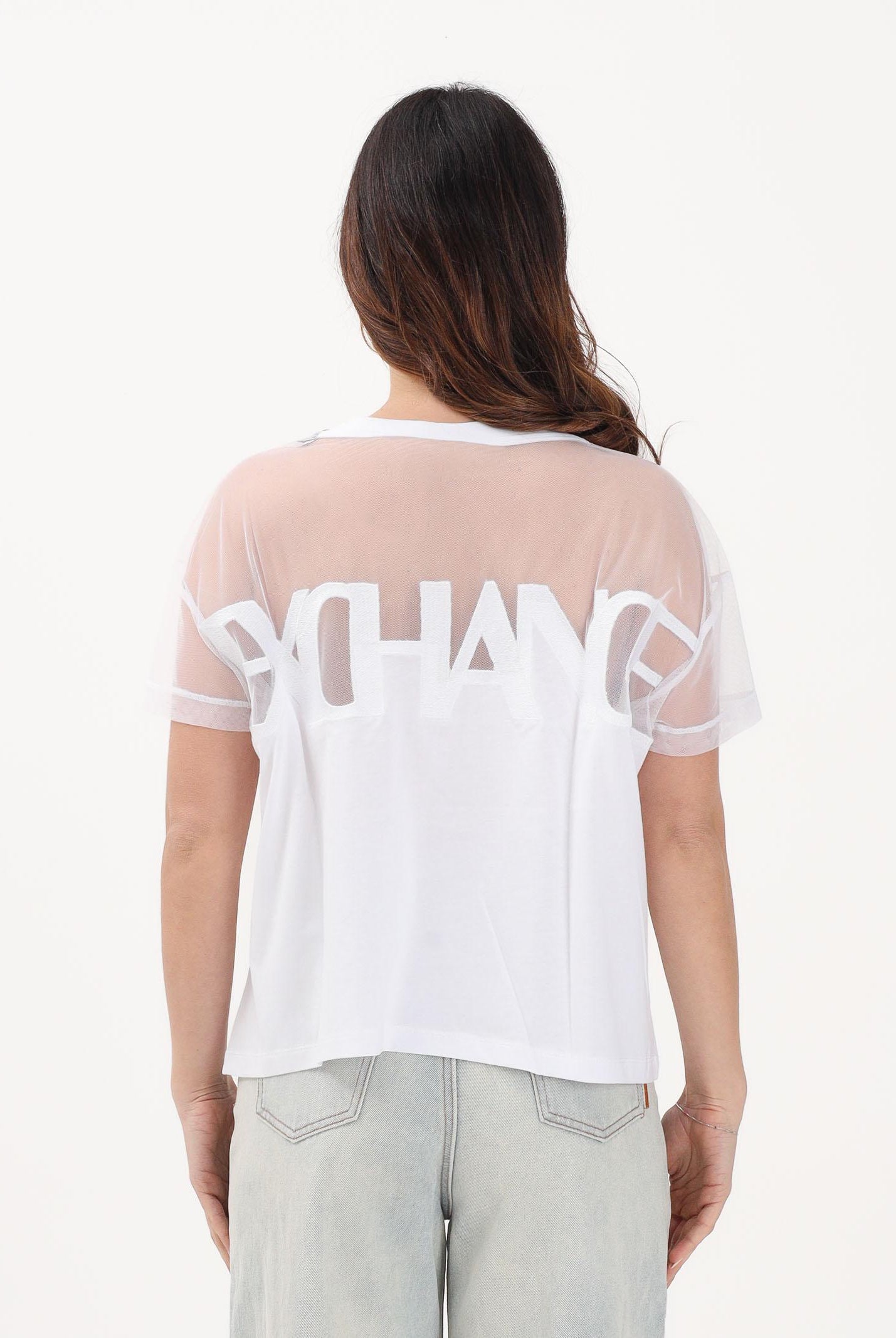 ARMANI EXCHANGE T-shirt a manica corta bianca da donna con inserto in tulle trasparente XW002332AF10356 U0002 ARMANI EXCHANGE