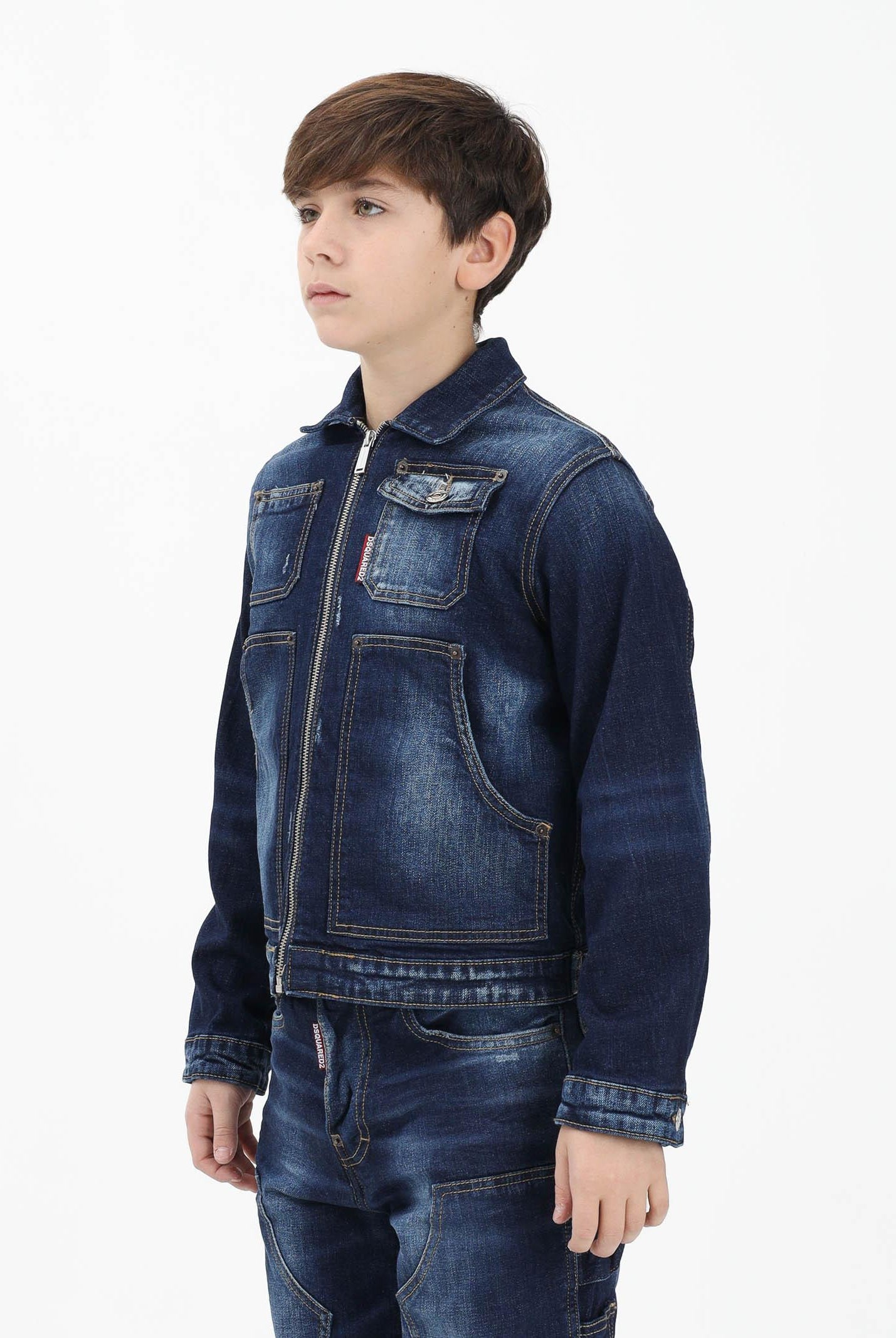 DSQUARED2 Giubbotto di jeans in denim blu per donna, ragazzi e bambini con logo DQ3239D0AFS DQ01 DSQUARED2