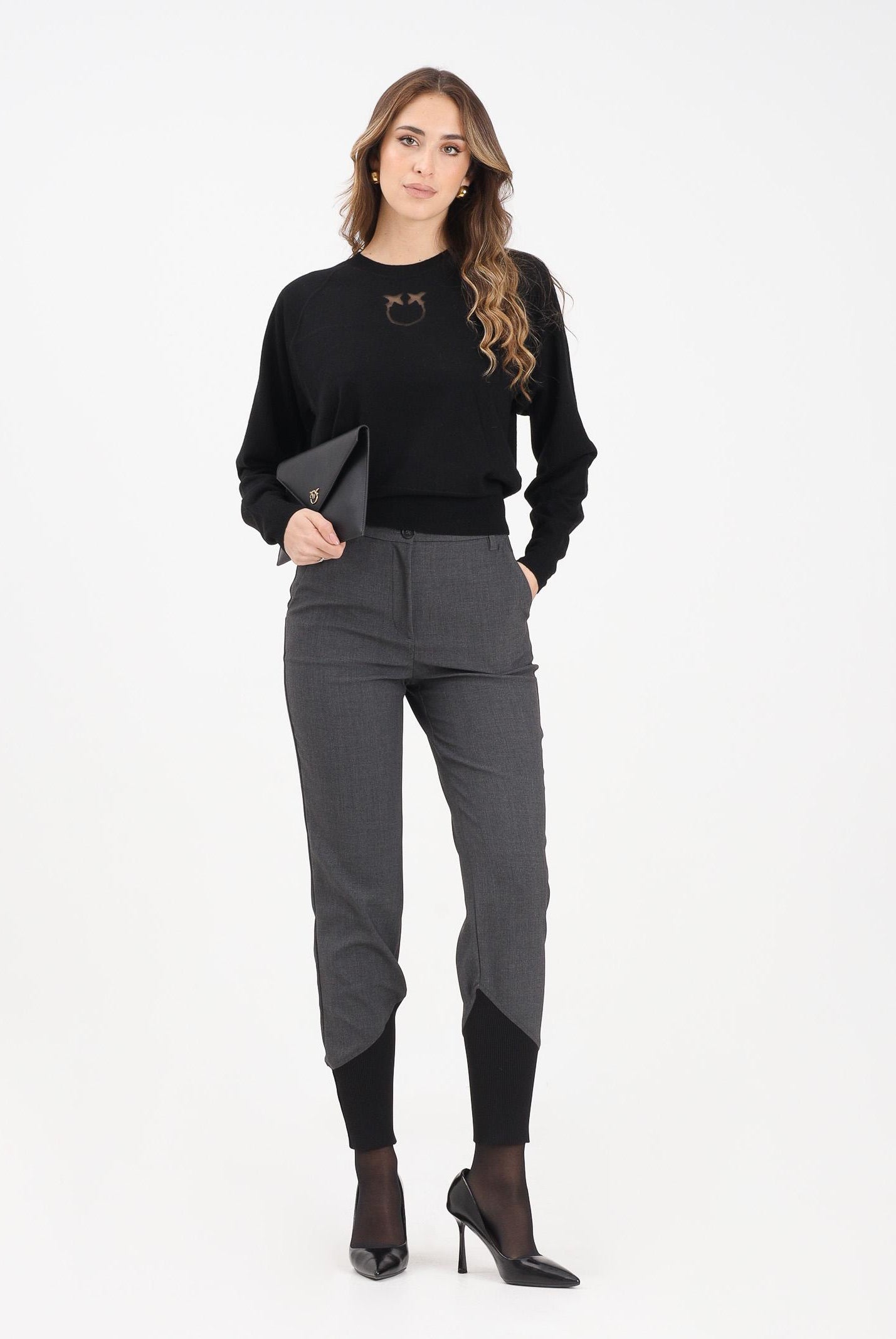 PINKO Pantalone elegante grigio da donna con inserto in maglia nera a costine 106120A2ZT I90 PINKO