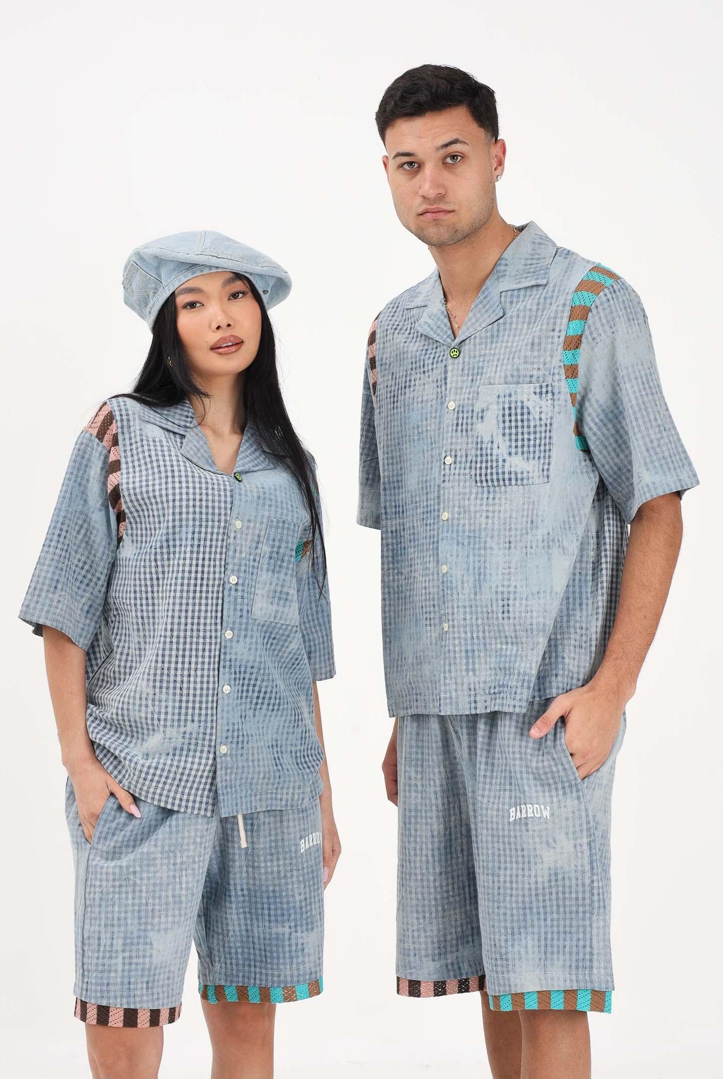 BARROW Camicia a manica corta celeste per uomo e donna con stampa micro check S6BWUASI055 172 BARROW