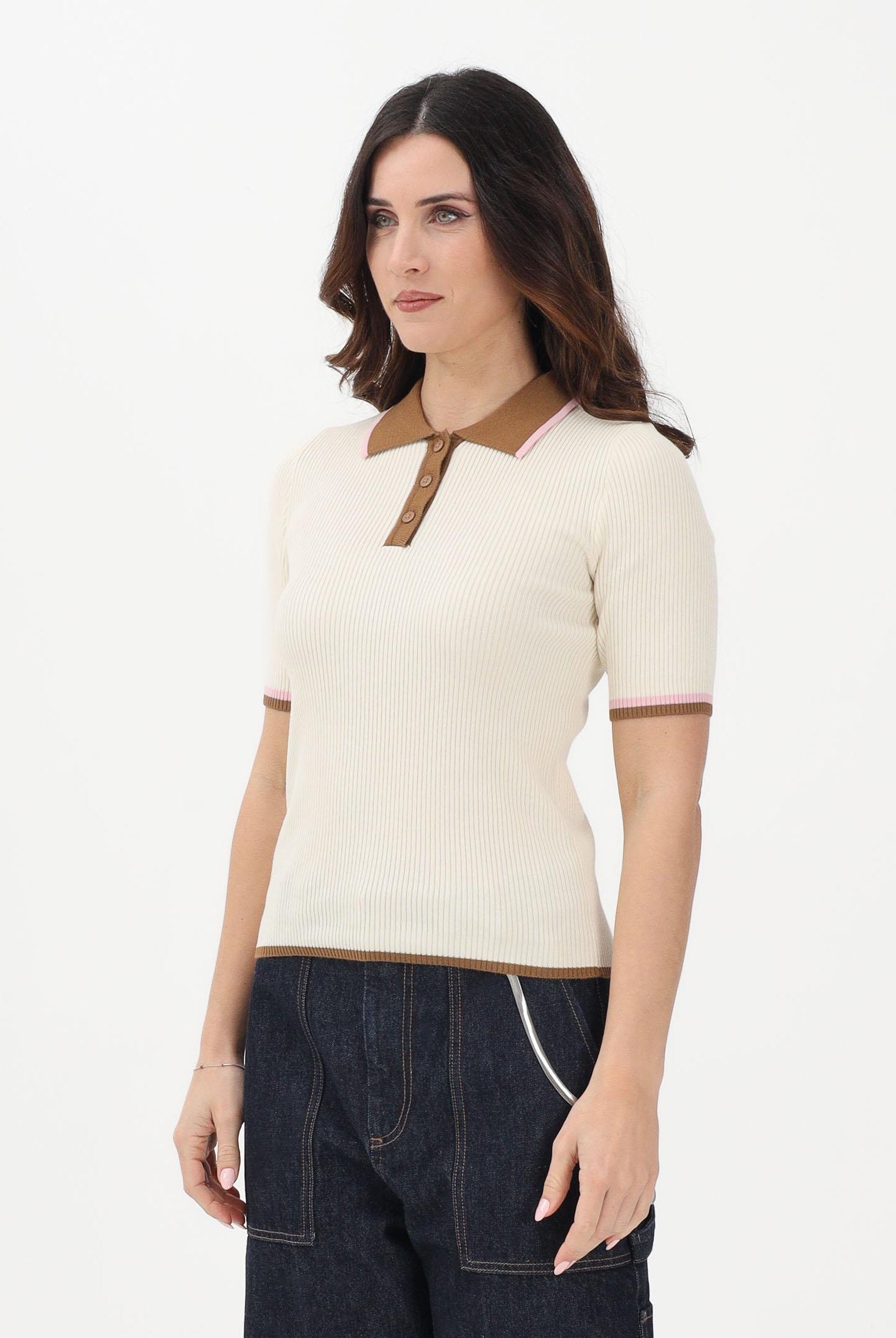 ONLY Polo in maglia a maniche corte beige da donna con colletto a contrasto 15363165 Gr ONLY