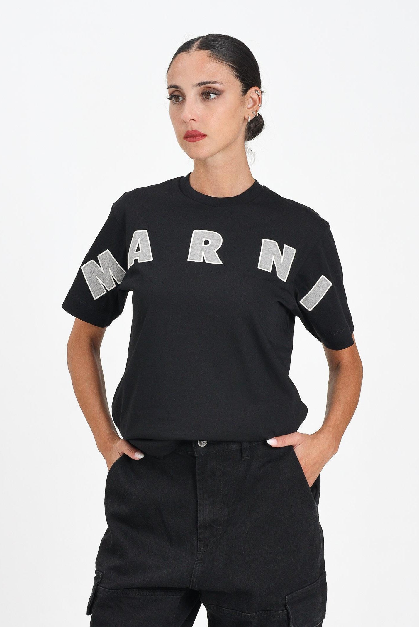 MARNI T-shirt a manica corta nera per donna, ragazzi e bambini con ricamo logo M01265M00RF 0M90D MARNI