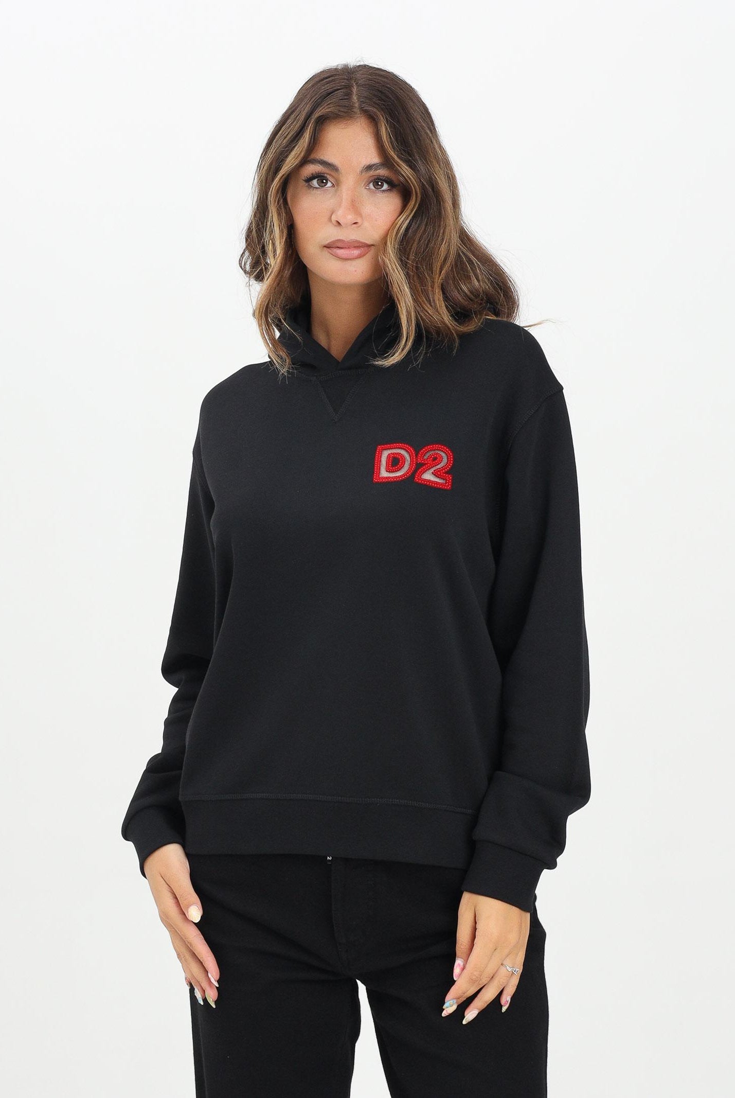 DSQUARED2 Felpa con cappuccio nera per donna, ragazzi e bambini con logo Beads DQ3016D009B DQ900 DSQUARED2