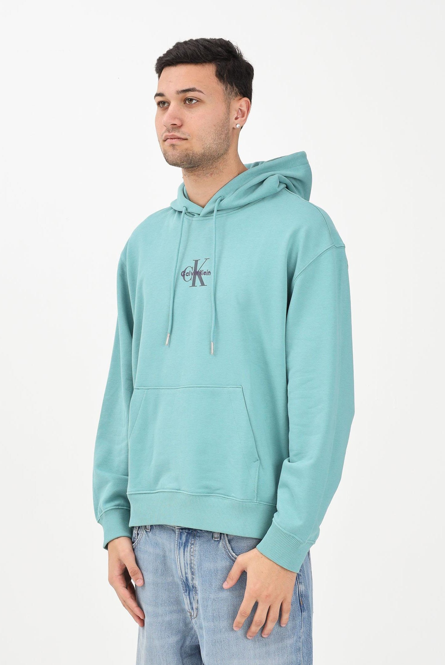 CALVIN KLEIN JEANS Felpa con cappuccio verde acqua da uomo con logo LV04RD243G2IR . CALVIN KLEIN JEANS