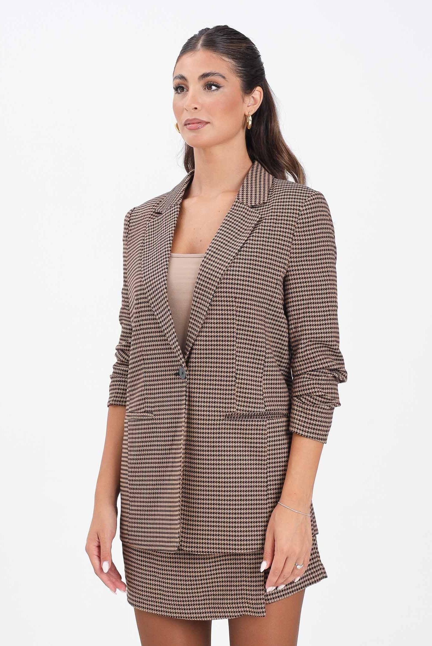 ONLY Giacca monopetto beige da donna con stampa pied de poule 15353566 DecadentChocolate ONLY