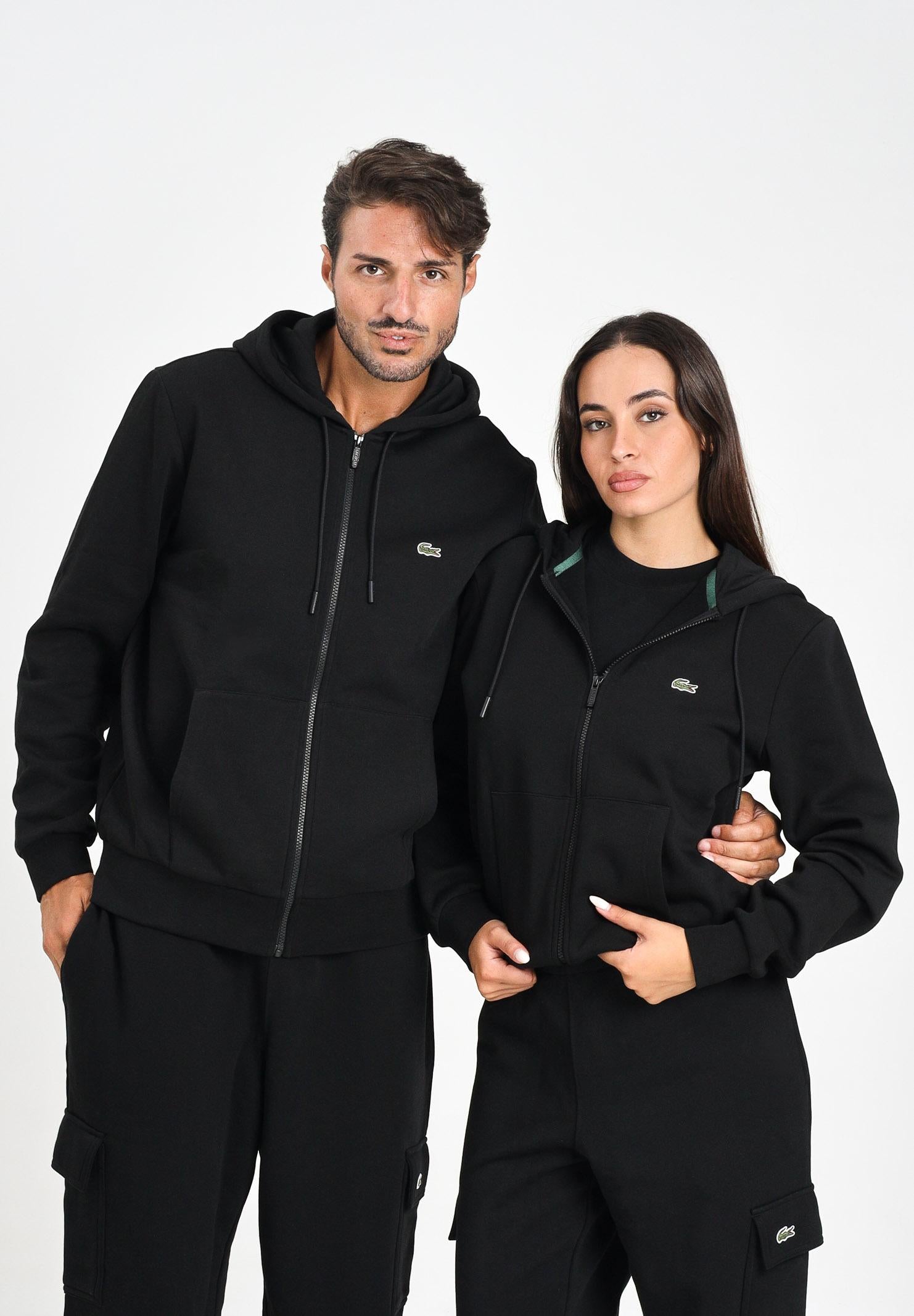 LACOSTE Felpa con zip nera per uomo e donna rifinita da ricamo coccodrillo SH9626 031 LACOSTE