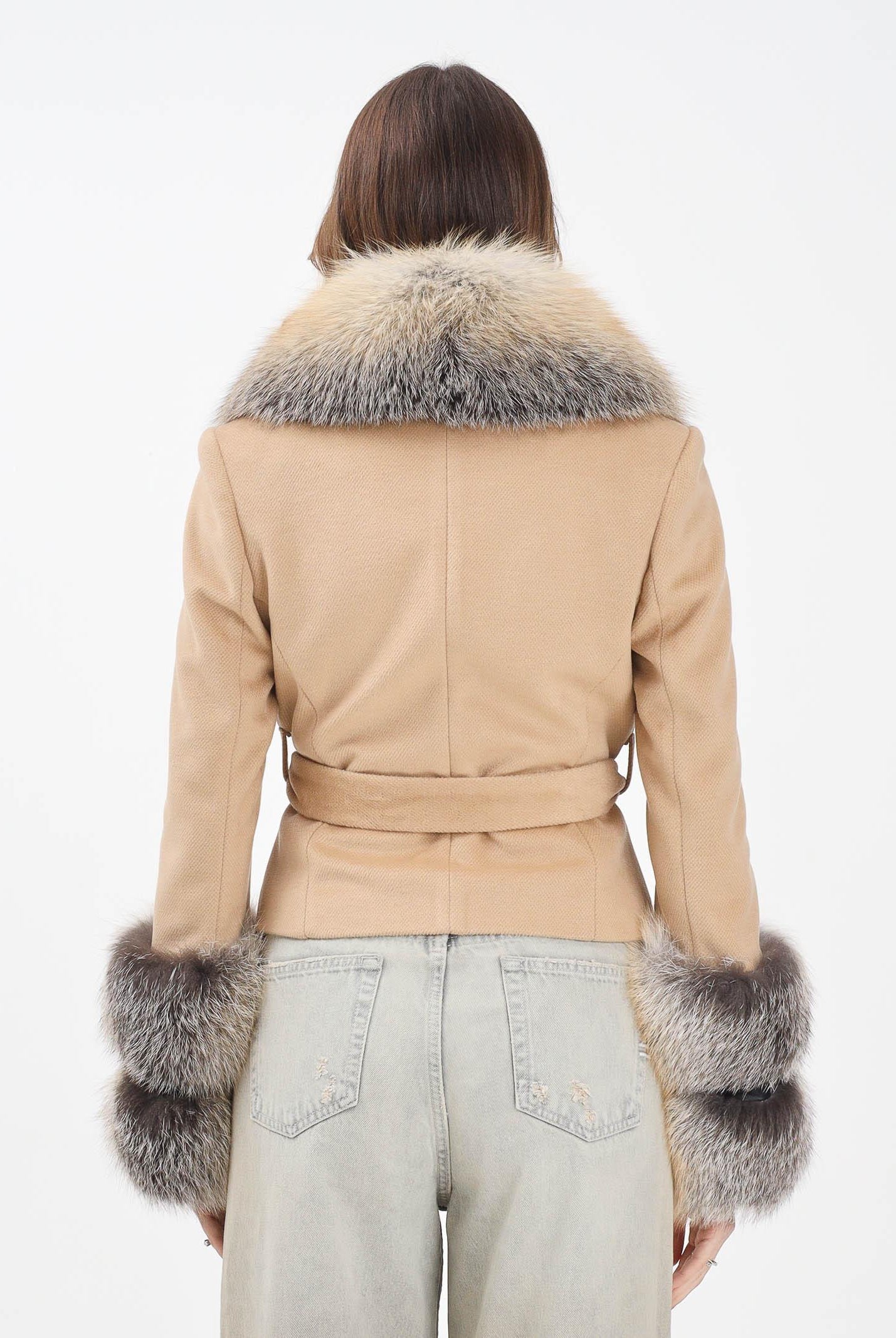 YES LONDON Cappotto beige da donna con dettagli in vera pelliccia CD1228 CA YES LONDON